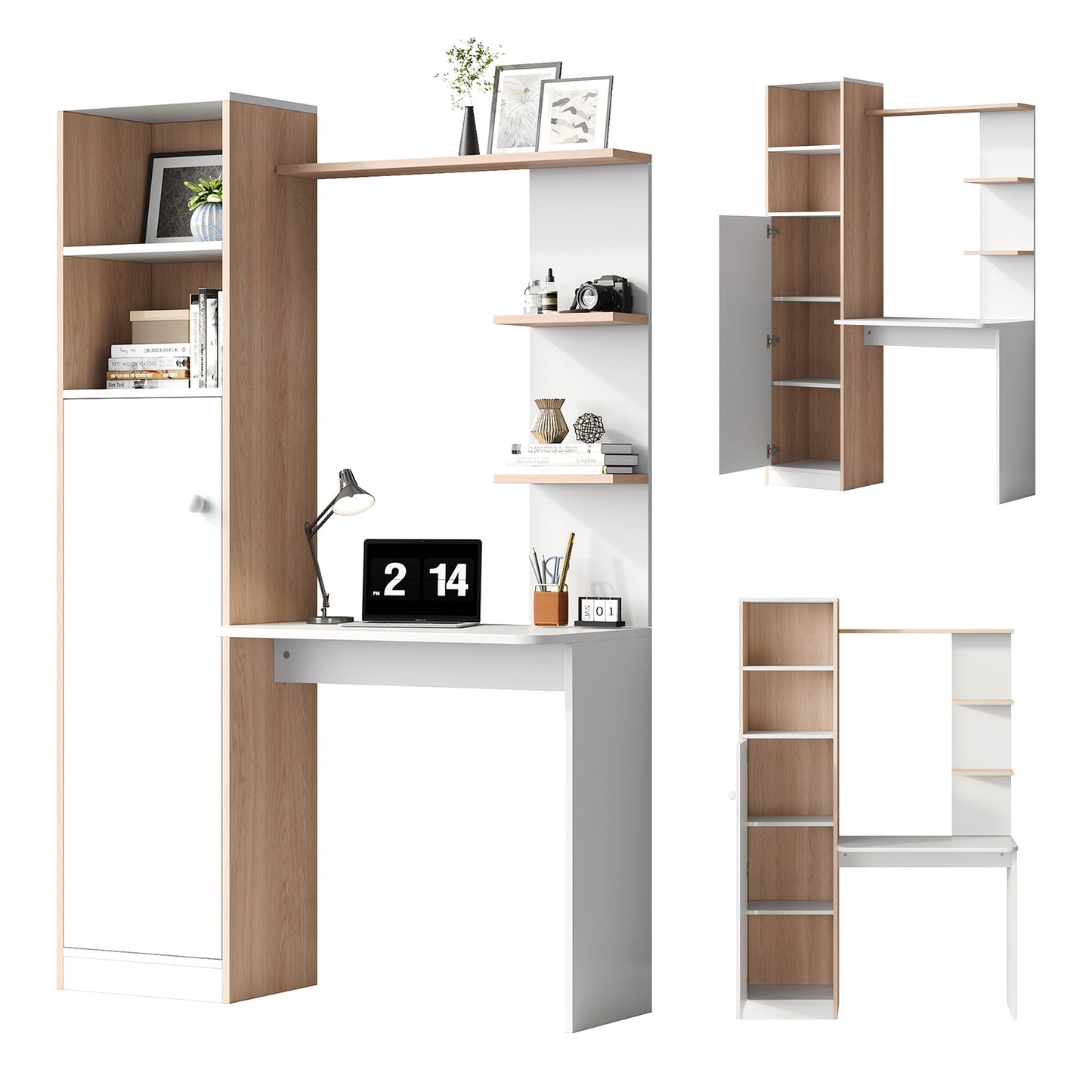 Work Table Desk With Storage   White With Rod Wood Contrast, Lower Cabinet With Doors And Upper Open Shelf, Office Design, 123.5x45x168.5 Cm