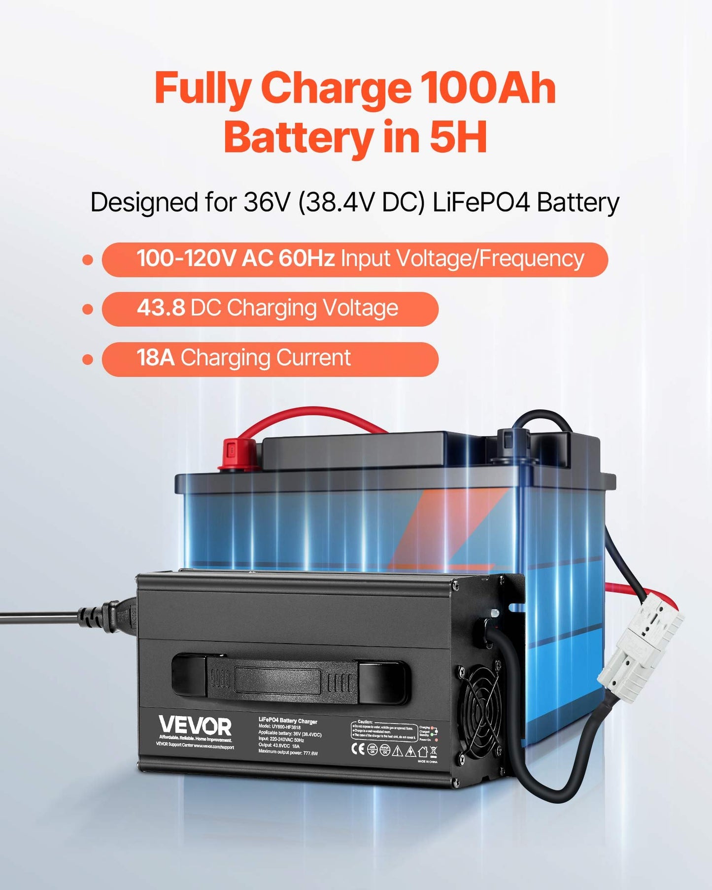 36V 18A Lithium Battery Charger 43.8V AC-DC LiFePO4 Smart Charger For RV