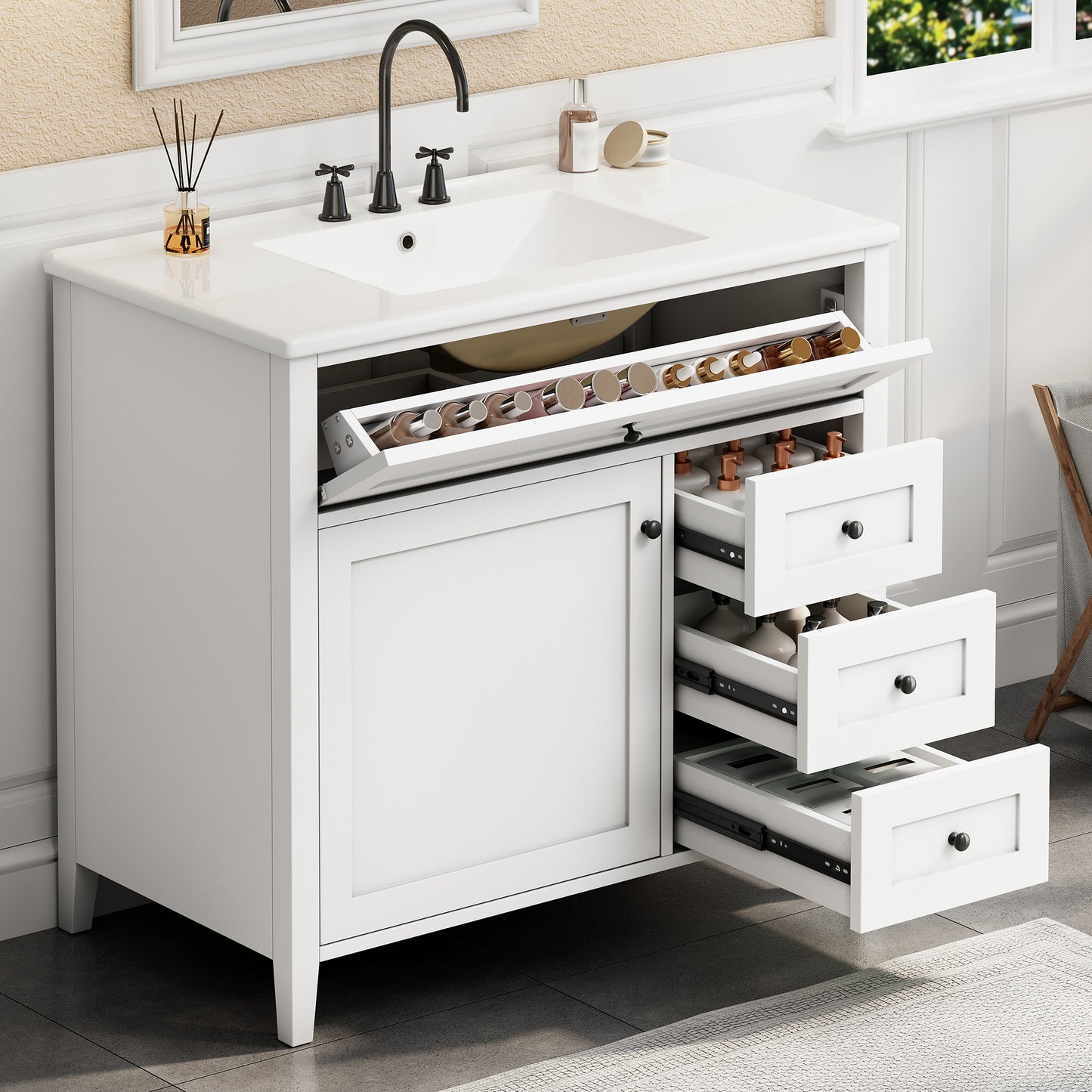 36-Inch White Bathroom Vanity With Sink, Modern MDF And Rubberwood Cabinet With 3 Drawers And Adjustable Shelf, Freestanding Vanity For Bathroom Storage And Organization Left Door