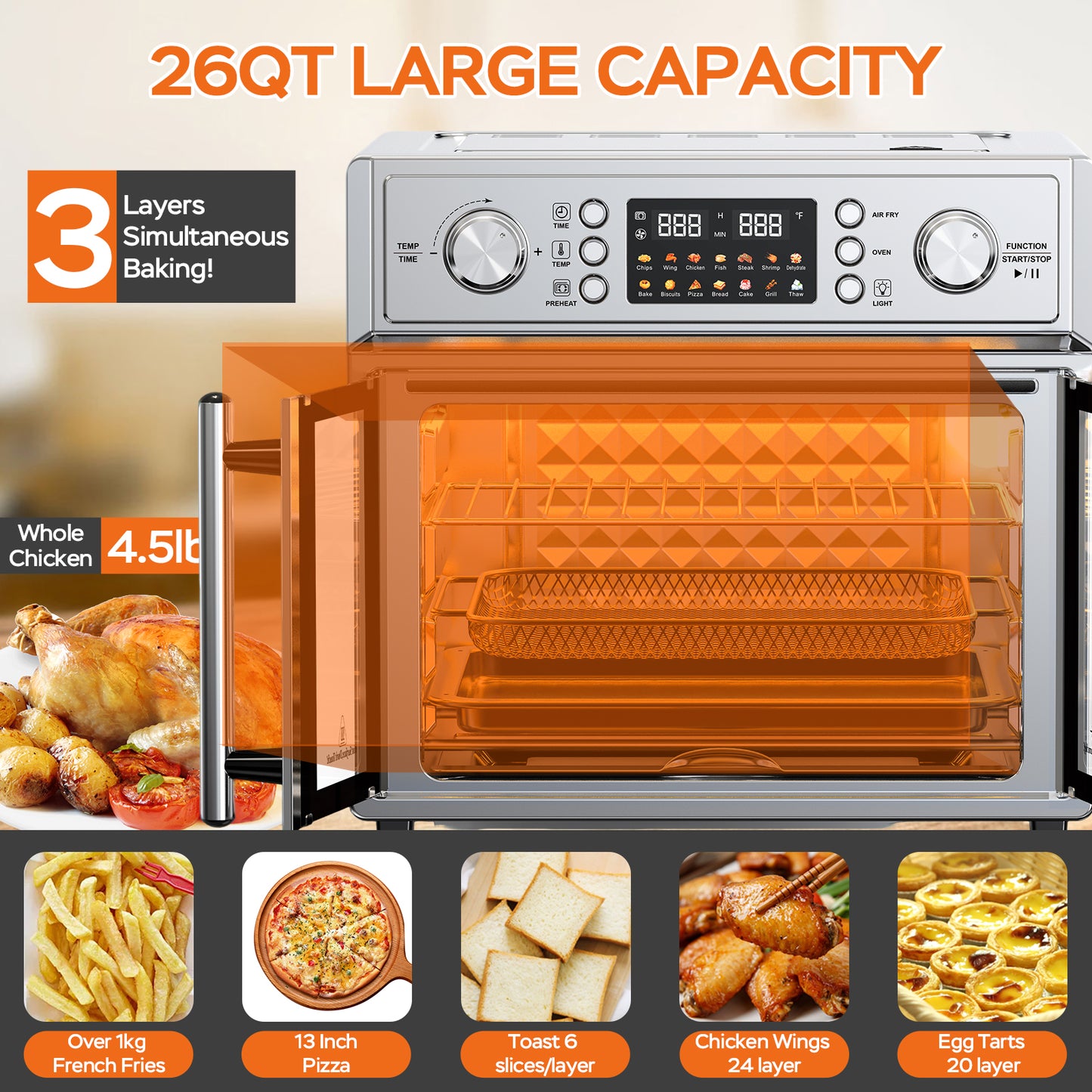 29.5QT French Door Air Fryer Toaster Oven Combo, 14 Presets, Digital Control, Stainless Steel, For Baking, Roasting, Includes Accessories,Silver, Amazon Resale Prohibited