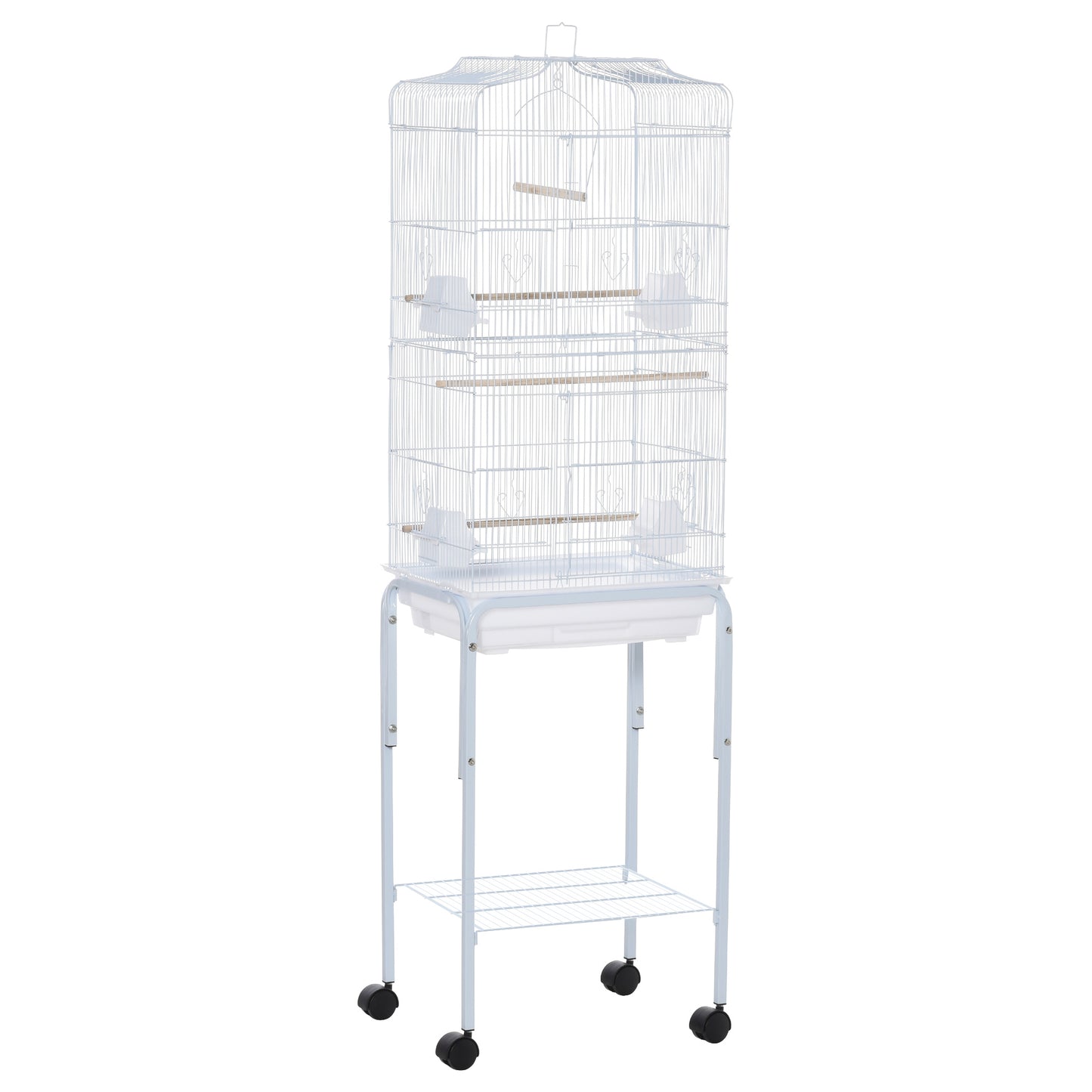 PawHut Bird Cage Budgie Cages For Finch Canary Parakeet With Stand Wheels Slide-out Tray Accessories Storage Shelf, White 46.5 X 36 X 157 Cm