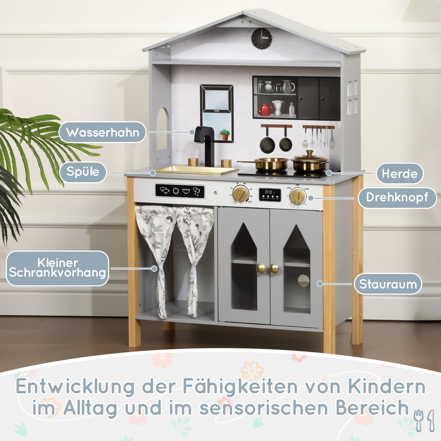 Children's Kitchen, Play Kitchen-Creative House Design, Accessories And Surprise Effects, Suitable For Children From 3 Years, Wood   Plastic, Grey, 28.5x60x92cm