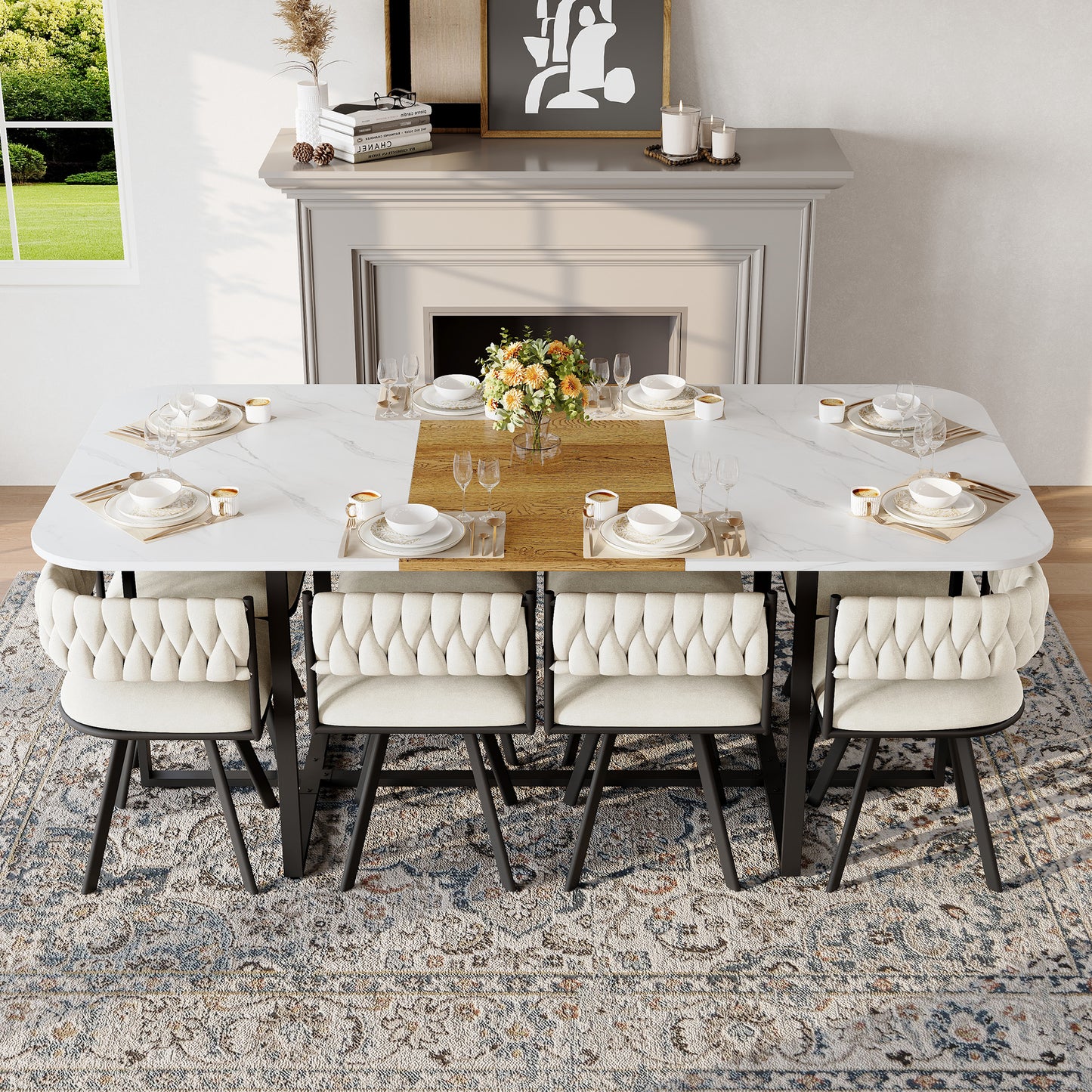 9-Piece Square Dining Table Set, Fixed White Faux Marble & Wood Grain Triamine Tabletop With 8 Beige Velvet Chairs, Modern Kitchen Table Set For 8 People, Ideal For Family Gatherings, Dining Room