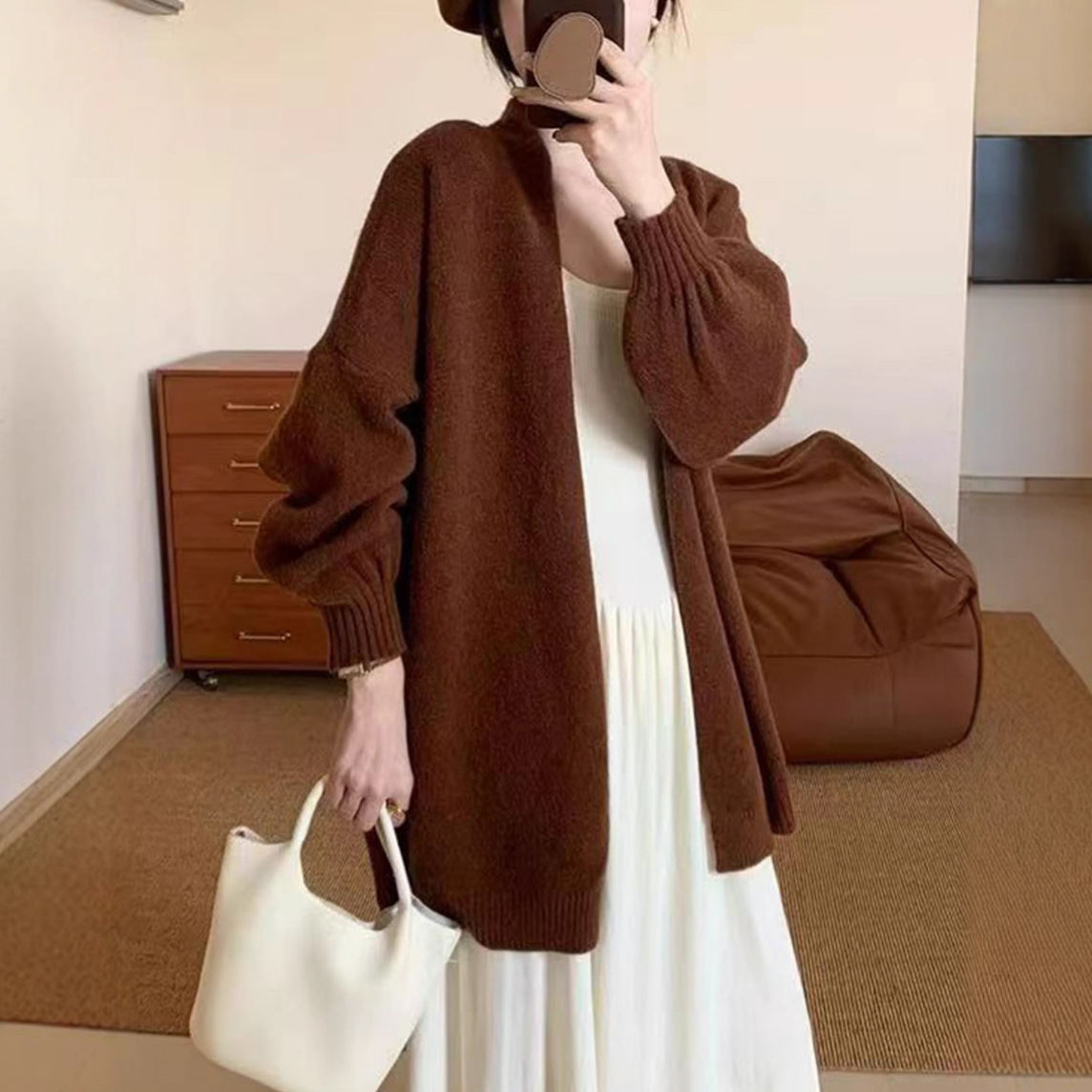 Korean-style Relaxed-fit Solid-color Premium Sweater Coat