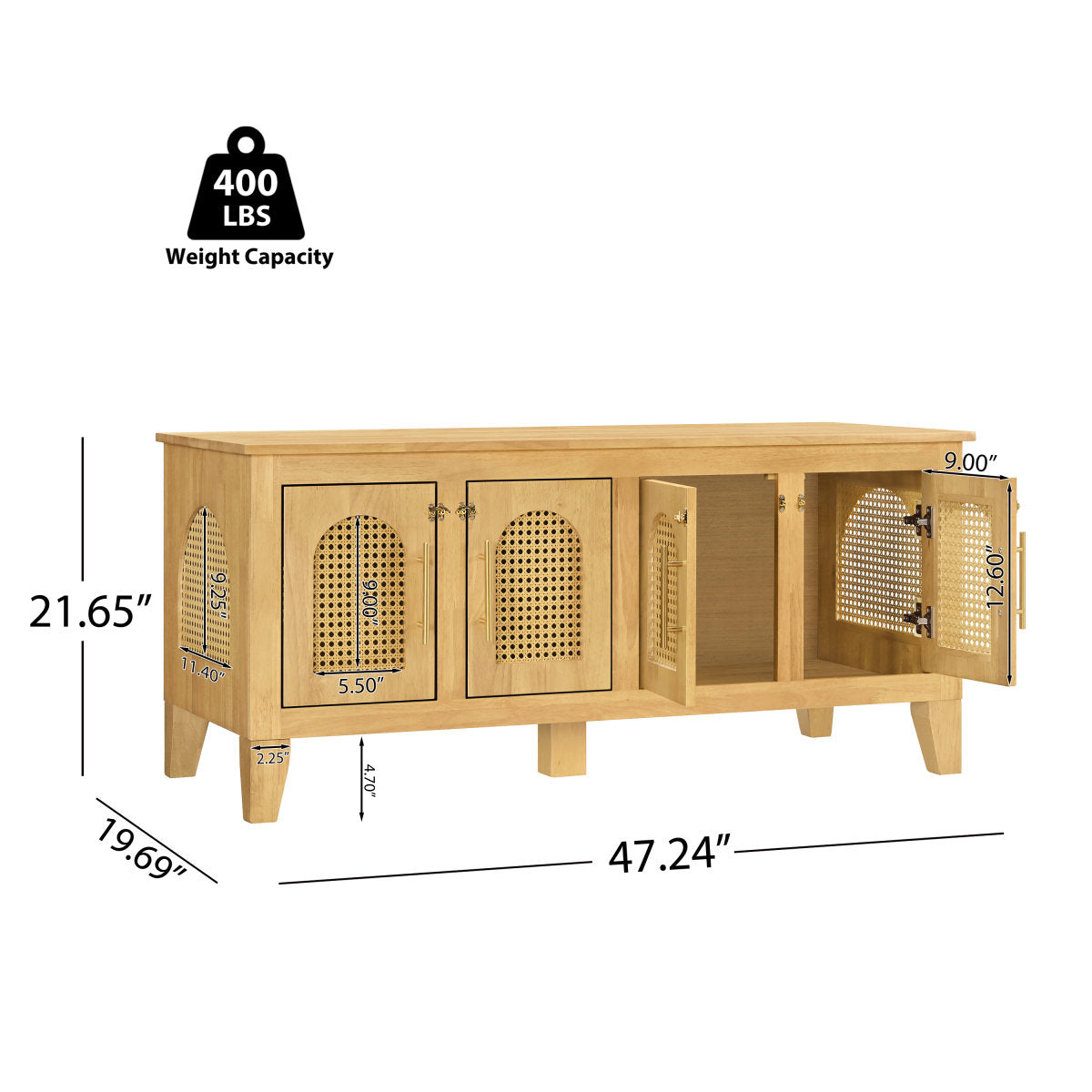 Lars Indoor Rattan Decorated Rubber Wood Dog Crate Cabinet -Stylish Pet Kennel With Storage & 4 Doors For Living Room