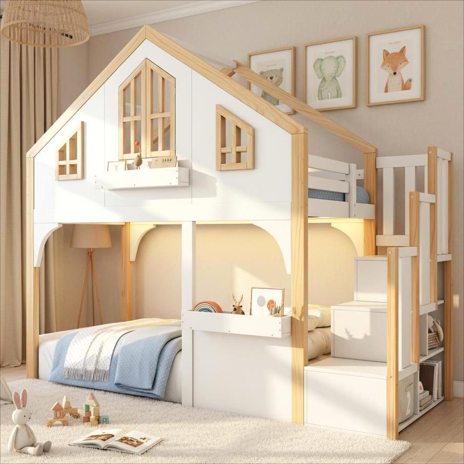 Bunk Bed, Loft Bed, Children's Bed, Wooden Bed, House Bed 3ft-90x190cm With LED Lighting And Storage Stairs, Window-shaped, White  Natural Color