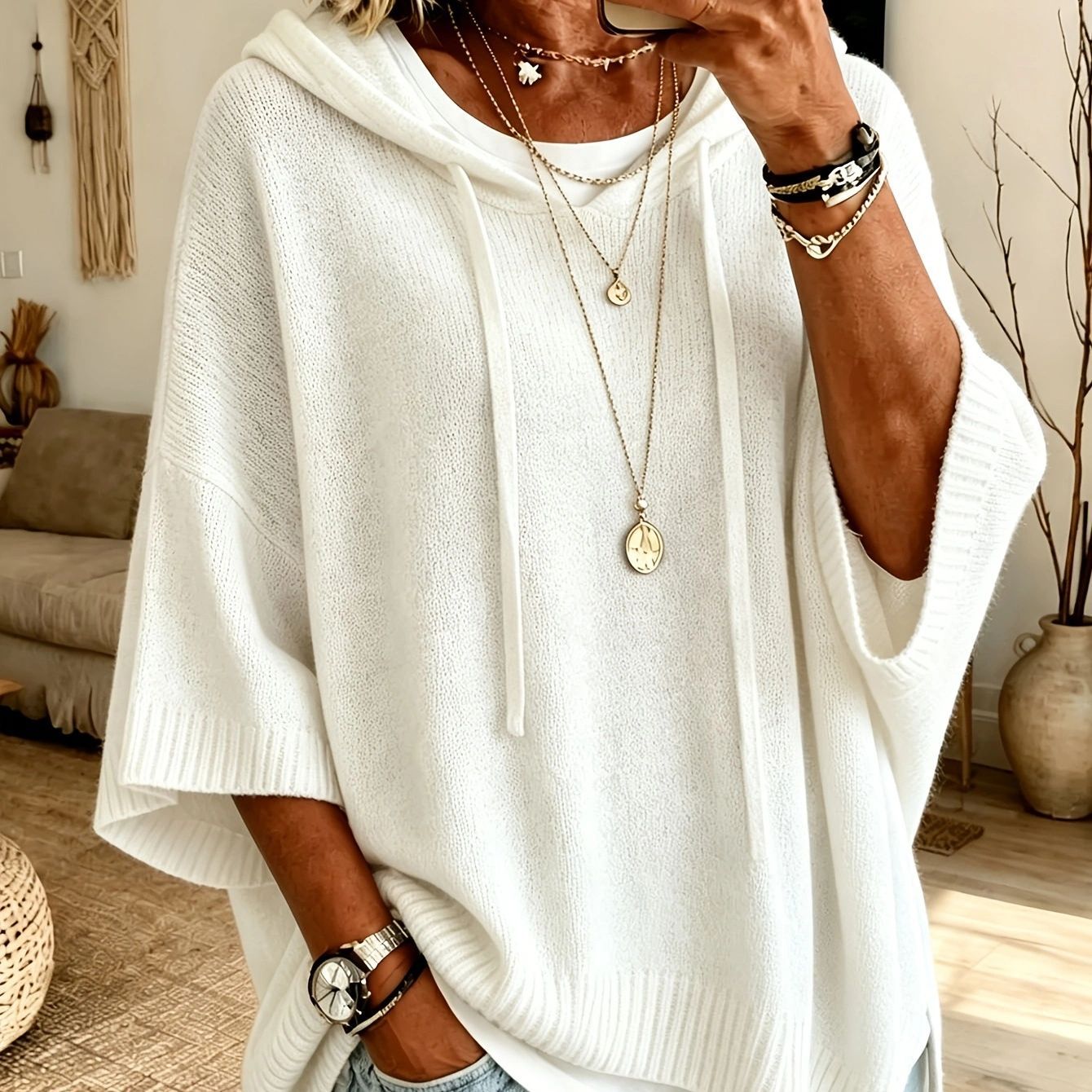 New Knitted Hoodie With Drawstring, Loose Fit Outerwear Sweater