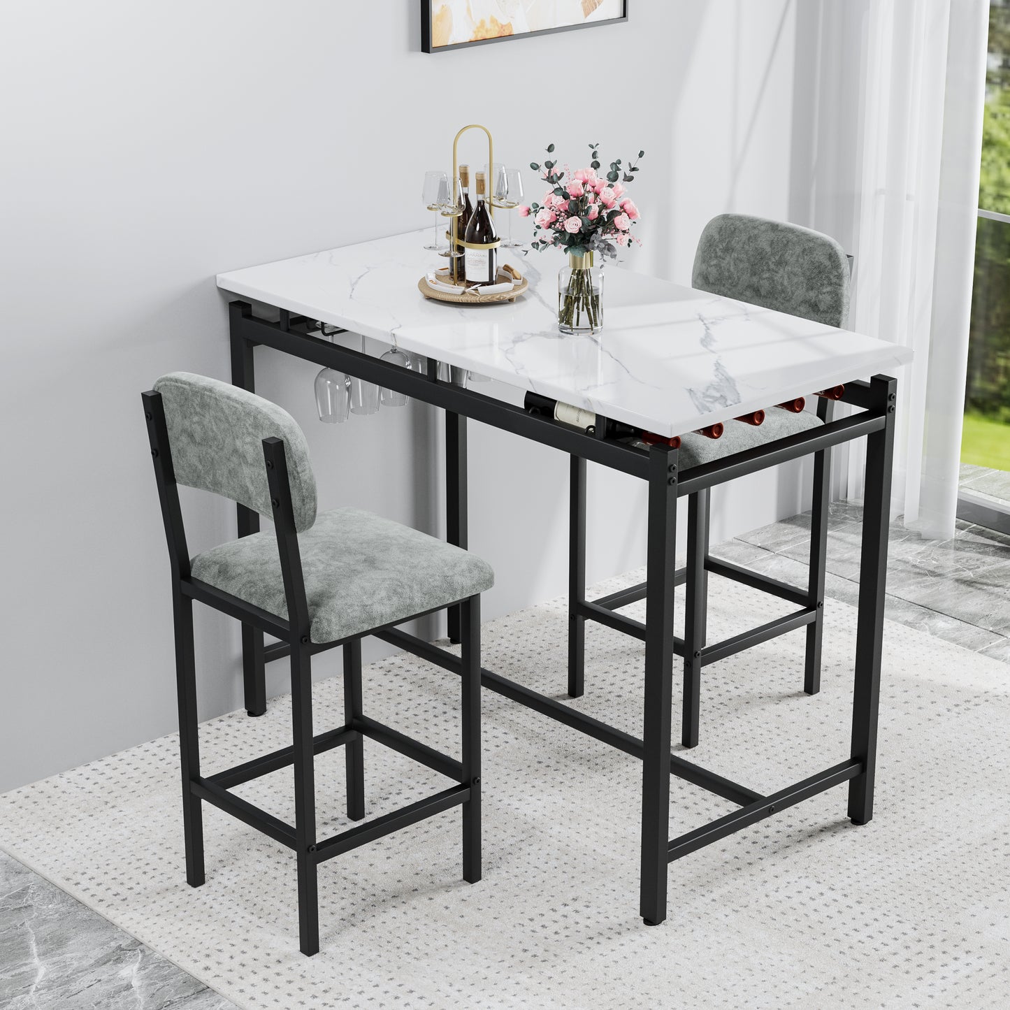 Modern Dining Table And Chairs For 2, Marble Finishes Dining Table Set With 2 Upholstered Chairs, Kitchen Table Set Bar Pub Set For Breakfast Nook, Dining Room, Rustic Black, Grey Chair
