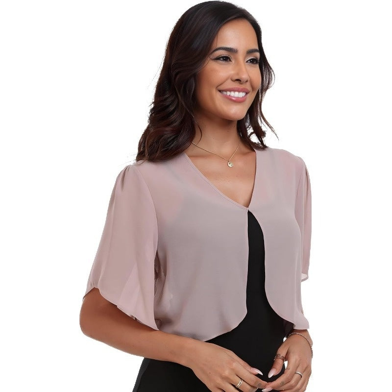 New Womens Chiffon Top Solid Color Short Sleeves Open-front Lightweight