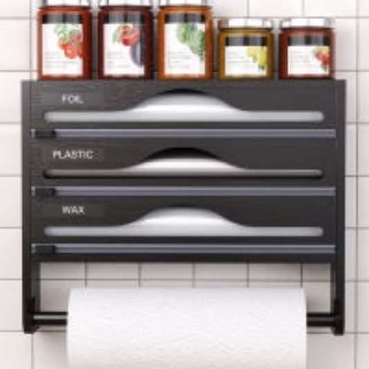 Plastic Wrap Dispenser With Paper Towel Holder, 3-compartment Kitchen Organizer For Plastic Wrap, Aluminum Foil And Wax Paper, With Film Cutter