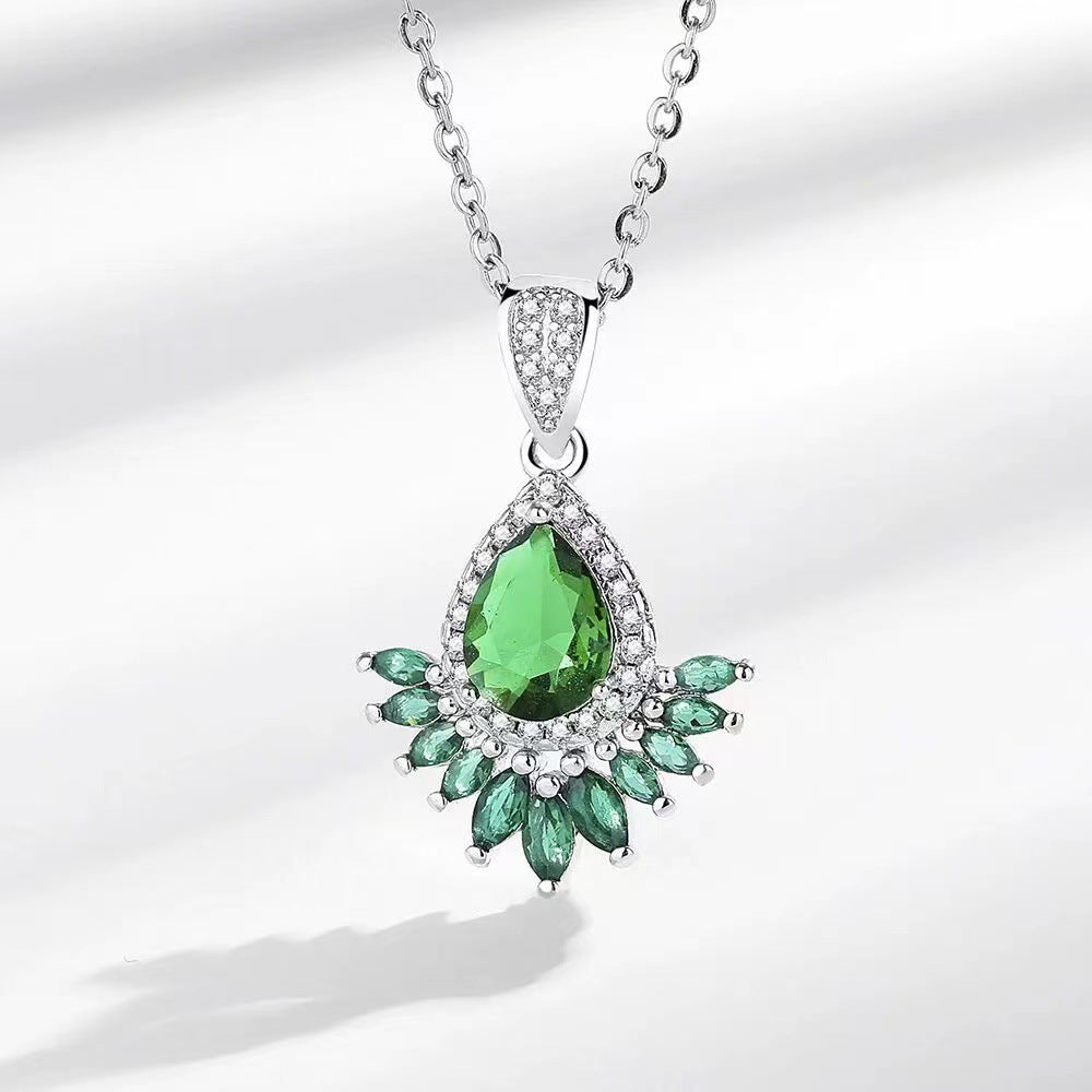 Cross-border Live Broadcast New Product Emerald Tourmaline Full Diamond Necklace Women's High-end Jewelry Ring Earrings Jewelry Suit