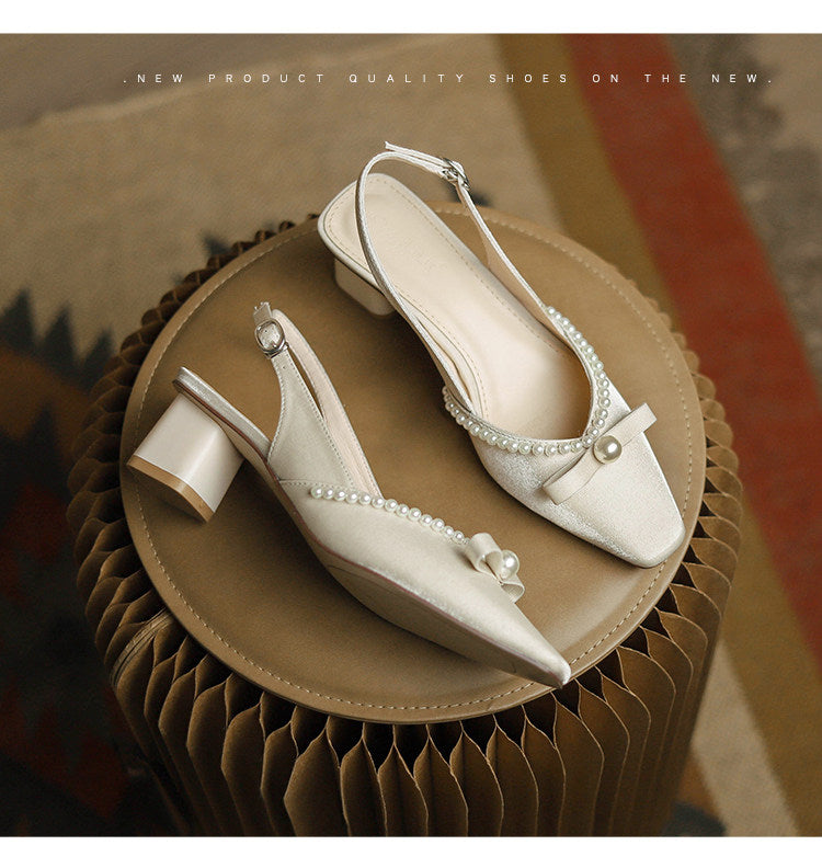 Women Block Heel Closed Toe Sandals, 2026 Summer New Fashion Square Toe Back Strap Pearl Fairy Style High Heel Pumps