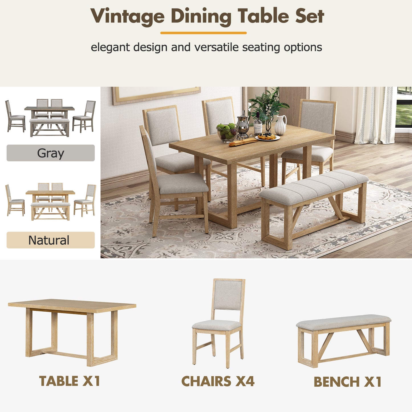 TREXM 6-Piece Retro Dining Table Set For 6  60 Wood Kitchen Table And Chairs Set Of 4 With Bench Designed Trestle Base For Kitchen & Dining Room  Natural