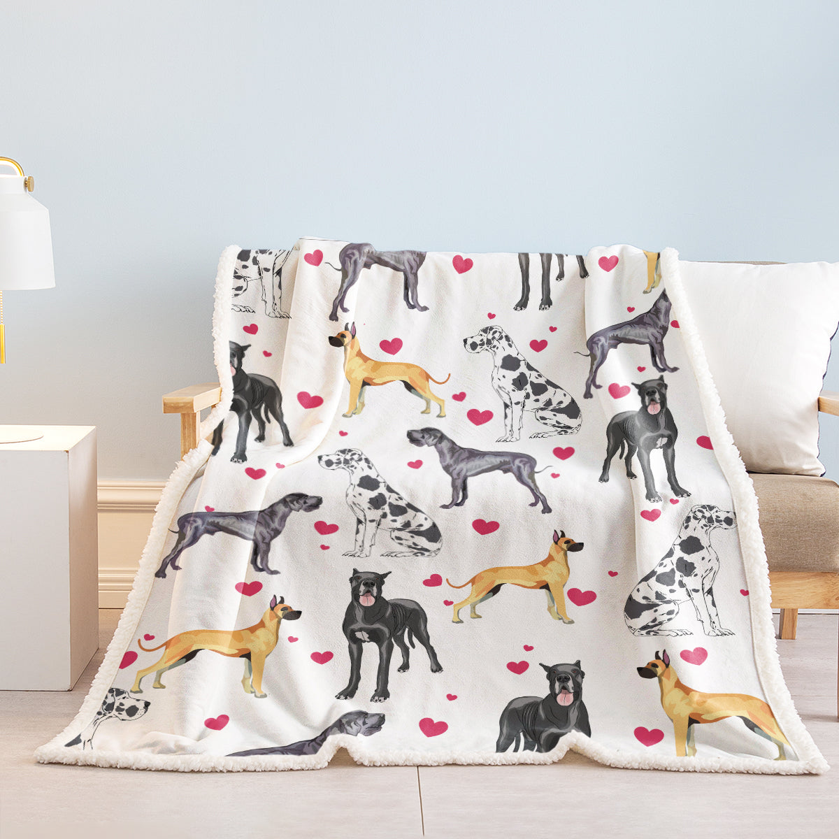 Great Dane Dog Blanket Red Heart Puppy Print Sherpa Fleece Throw Blanket Funny Kawaii Dog Portrait Plush Blankets Love Pets Gift For Women Kids