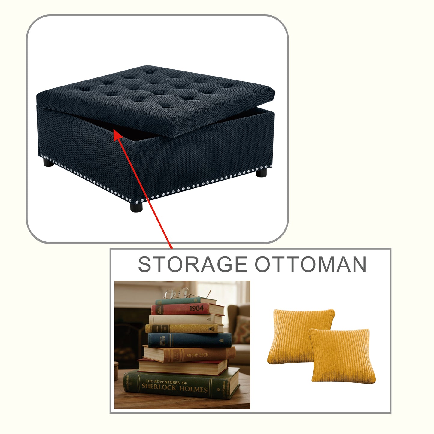 Storage Ottoman, Tufted Footstool, Nailhead Trim Ottoman, Square Storage Ottoman, Upholstered Coffee Table, Bedroom Storage, Living Room Accent, Black Ottoman, Small Space Furniture, Home Decor.