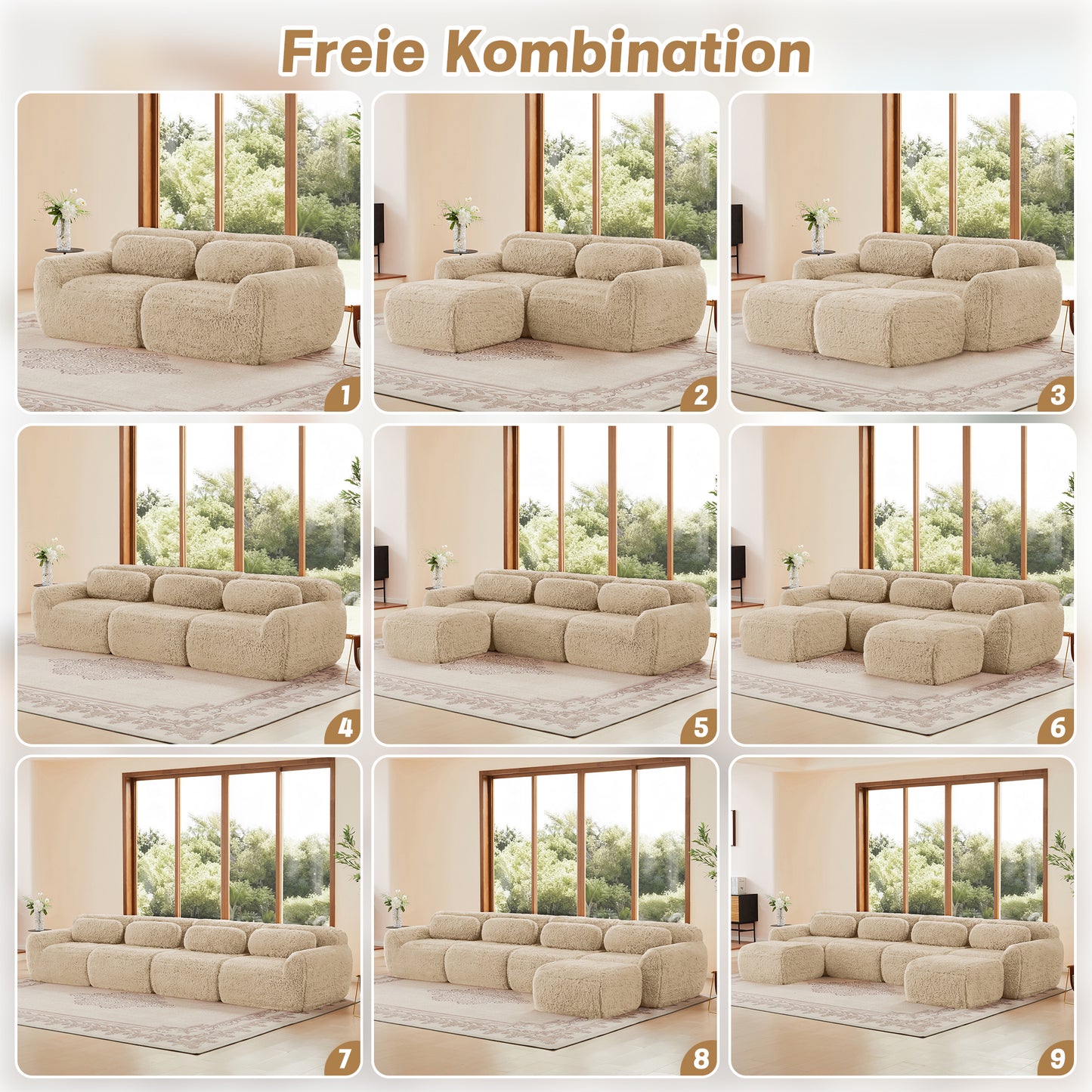 3-seater Low Sofa, Premium Plush Fabric, Modular, Non-slip Floor, No Assembly, With Cushions. Ergonomic Support, High-resilience Foam, Suitable For Living Room, Light Khaki