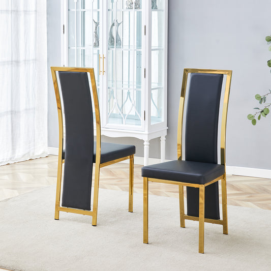 Set Of 2 European Minimalist Dining Chairs With Gold Edge. Black PU Leather  Gold Luster Metal Frame, 109cm High, For Versatile Uses Such As Dining Room, Office, Etc.
