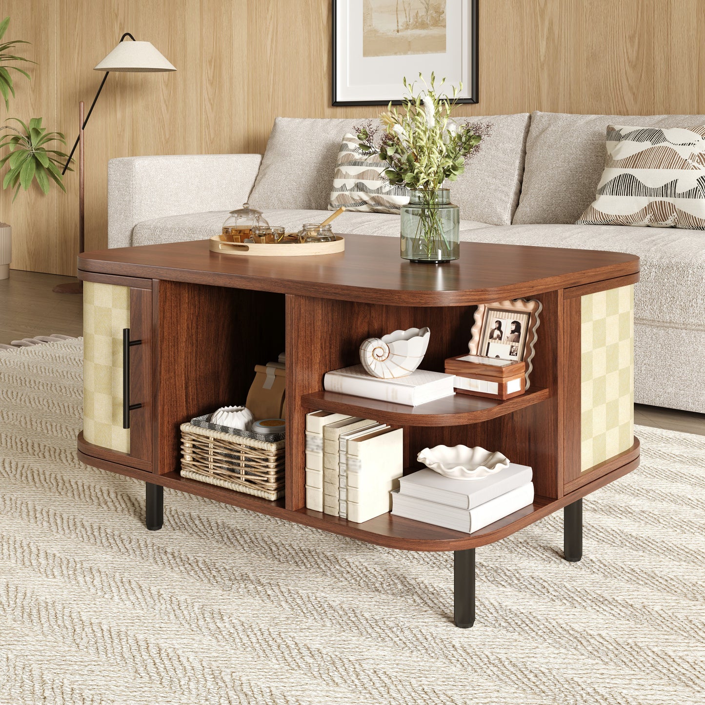 Coffee Table, Side Table, Curved Shape, Braided Surface, MDF Body, Metal Handles, Metal Legs, Storage, Living Room Table