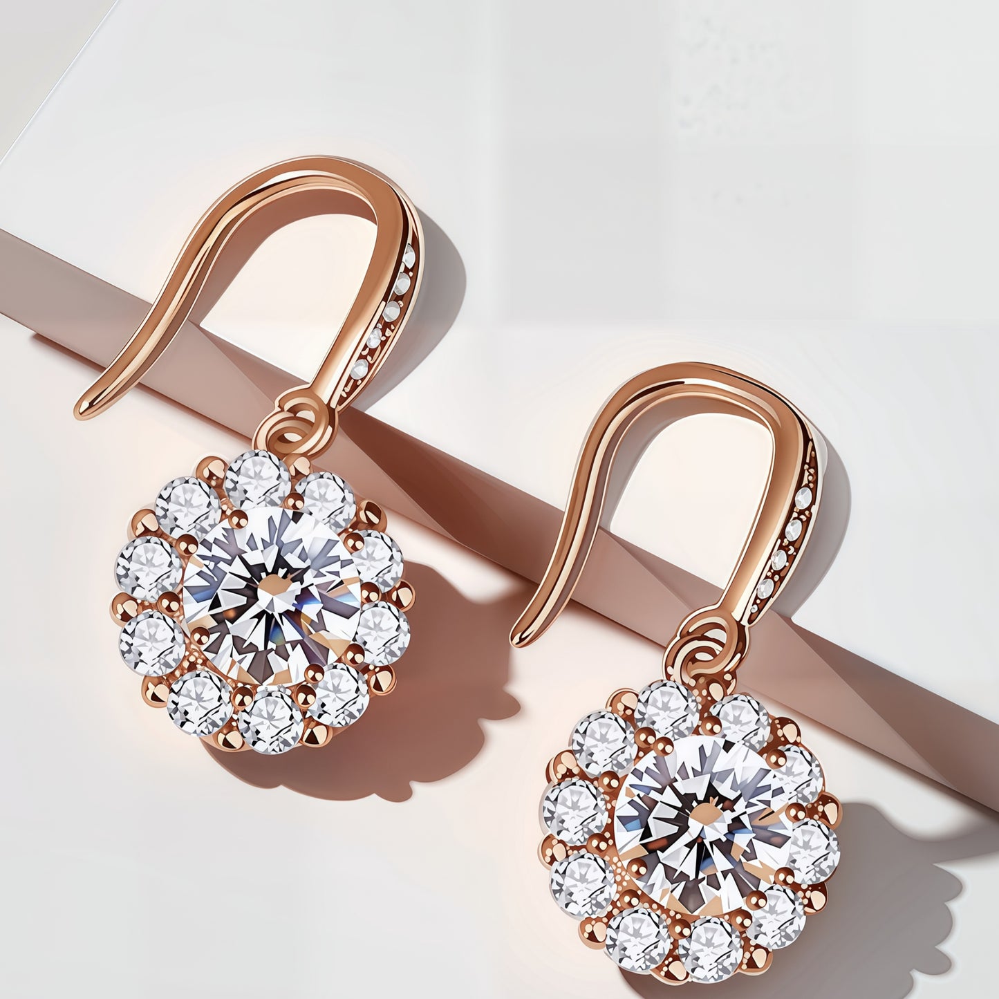 Sunburst Double Halo Round Clear CZ Leverback Dangle Drop Earrings For Women, Copper Rose Gold Plated Bridal Wedding Anniversary Fine Jewelry Gift