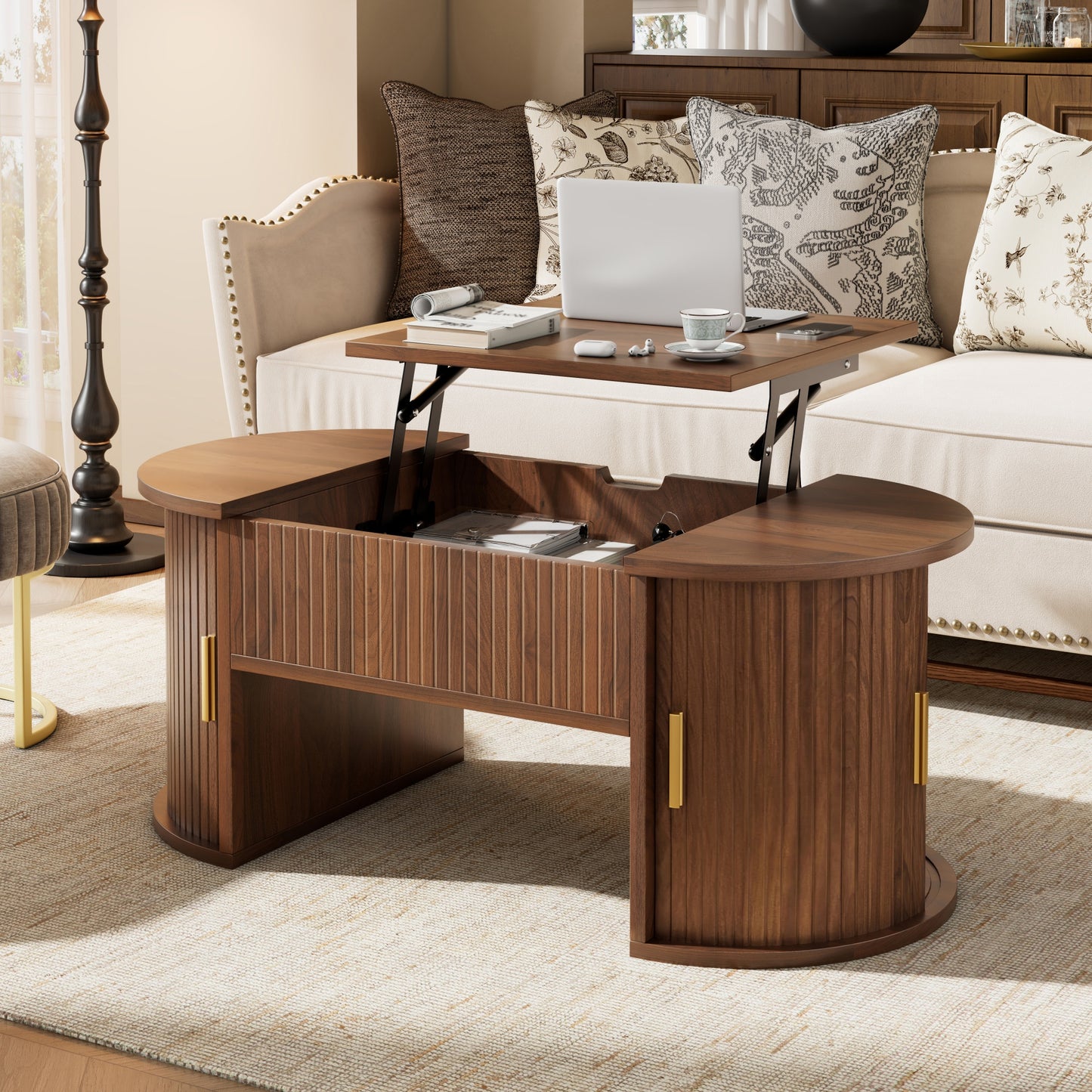 Modern Height Adjustable Coffee Table , Height Adjustable Coffee Table For Living Room , Open Shelves And Hidden Storage , Sliding Doors , Ideal For Small Homes And Home Offices