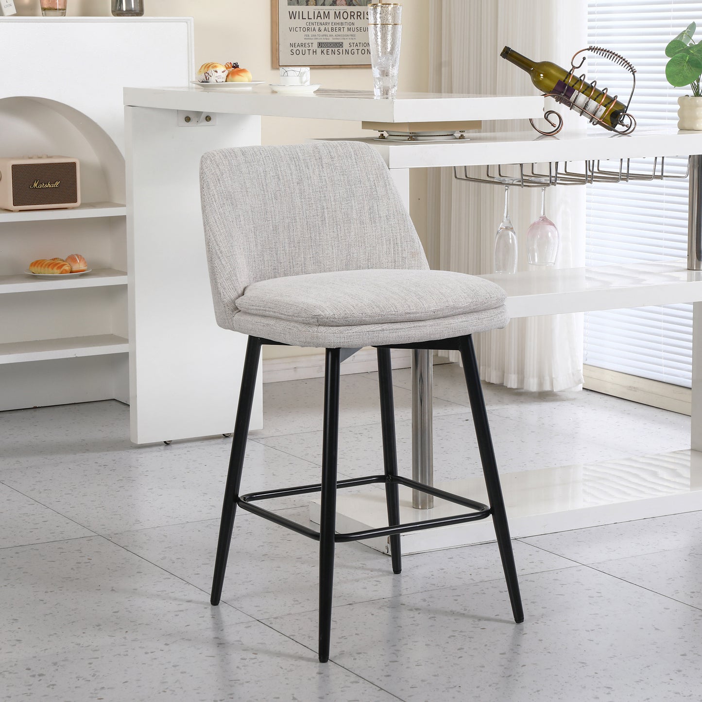 Counter Height Swivel Bar Stools Set Of 2, 360 Swivel Upholstered Barstools With Back And Metal Legs, 25.6 Seat Height,Counter Stools For Kitchen Island And Pub,Linen Cloth,Off White Linen.