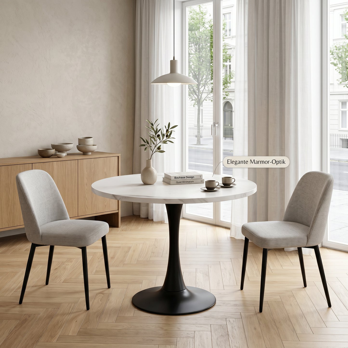 80cm Modern Round Dining Table For 2-4 Small Reception Table With White Marble Pattern Wooden Desk And Black Metal Pedestal Circle Kitchen Table For Home Office Dining Room Apartment