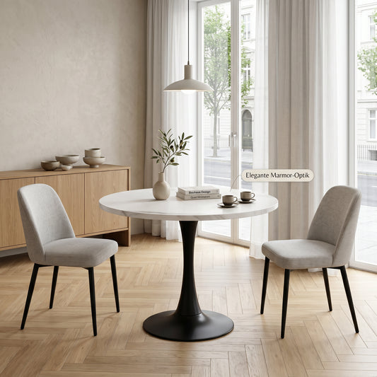 80cm Modern Round Dining Table For 2-4 Small Reception Table With White Marble Pattern Wooden Desk And Black Metal Pedestal Circle Kitchen Table For Home Office Dining Room Apartment