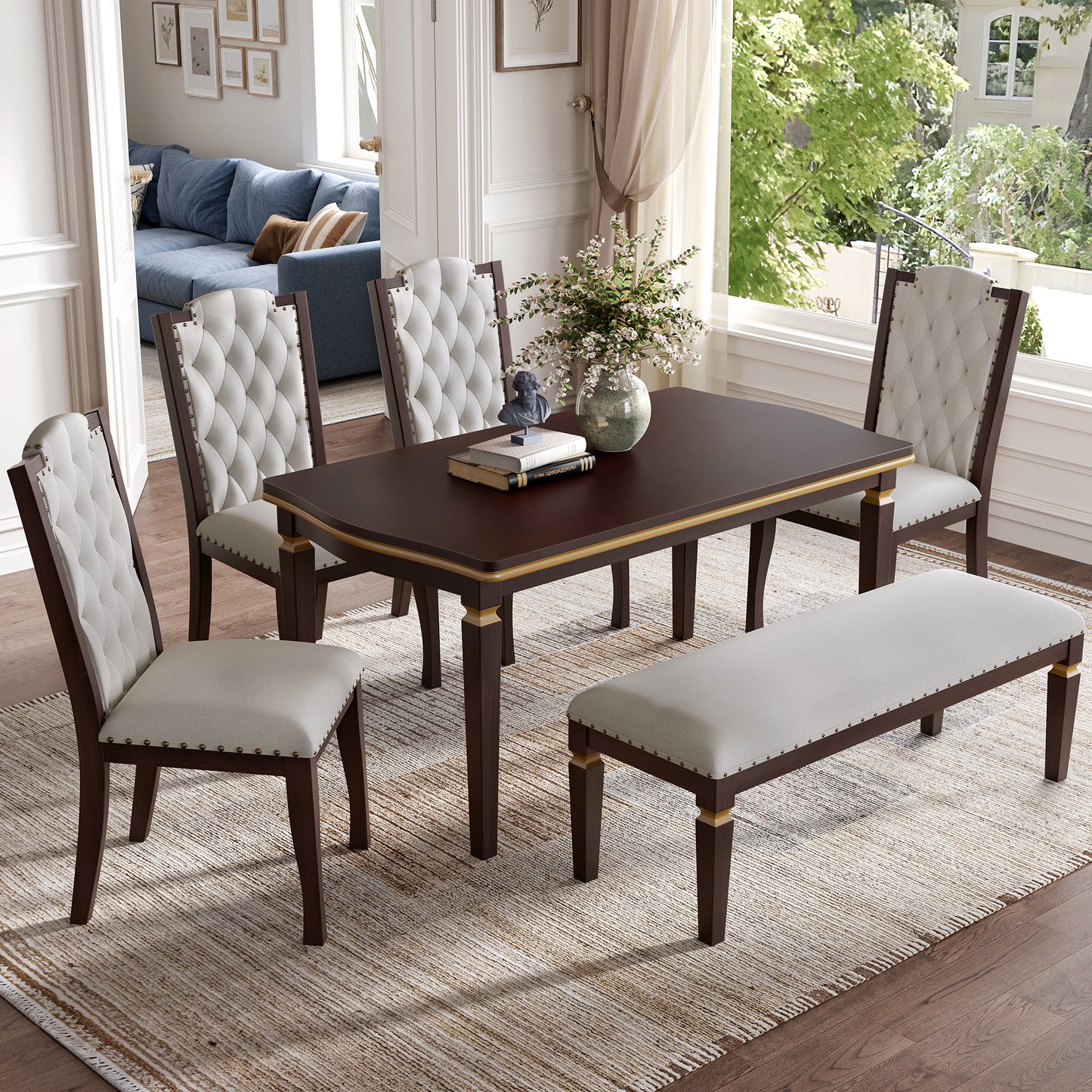 6 Piece Kitchen Dining Table Set, 60  Rectangular Table And 4 High-Back Tufted Chairs  1 Bench For Dining Room And Kitchen  Espresso  OLD