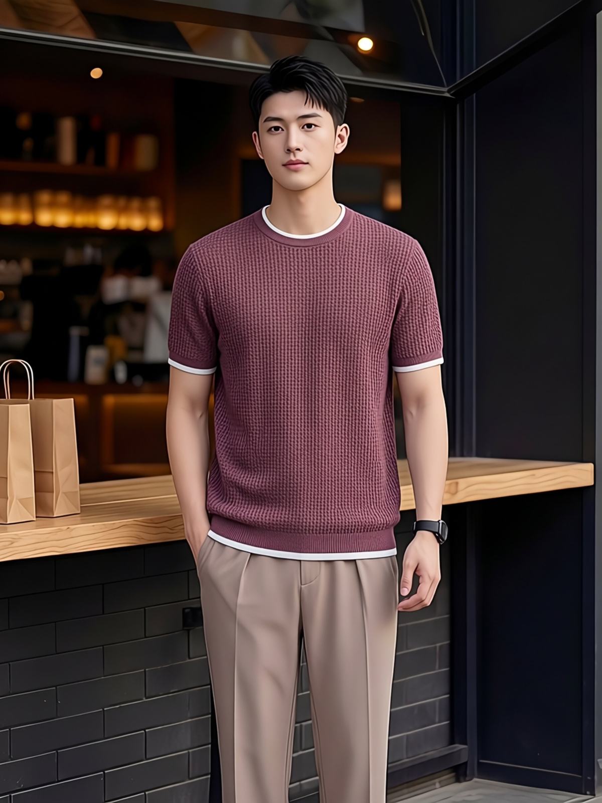 Men's Ice Silk Knitted Short-Sleeve T-Shirt In Old Money Style, Luxury Premium Crew Neck Casual Paul Polo Shirt For Men