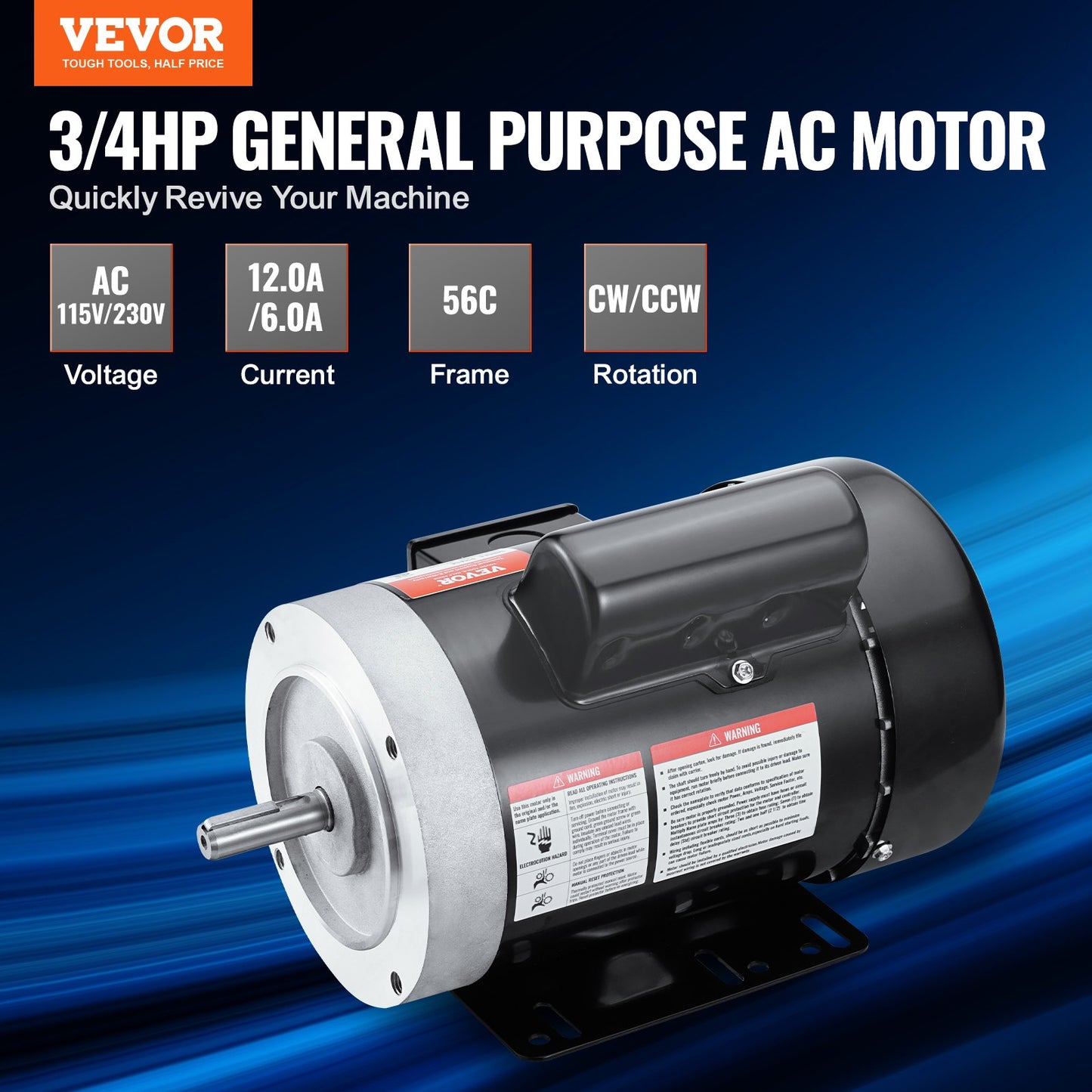 0.75HP Electric Motor 1725 Rpm, AC 115V/230V, 56C Frame, Air Compressor Motor Single Phase, 5/8' Keyed Shaft, CW/CCW Rotation For Agricultural Machinery And General Equipment