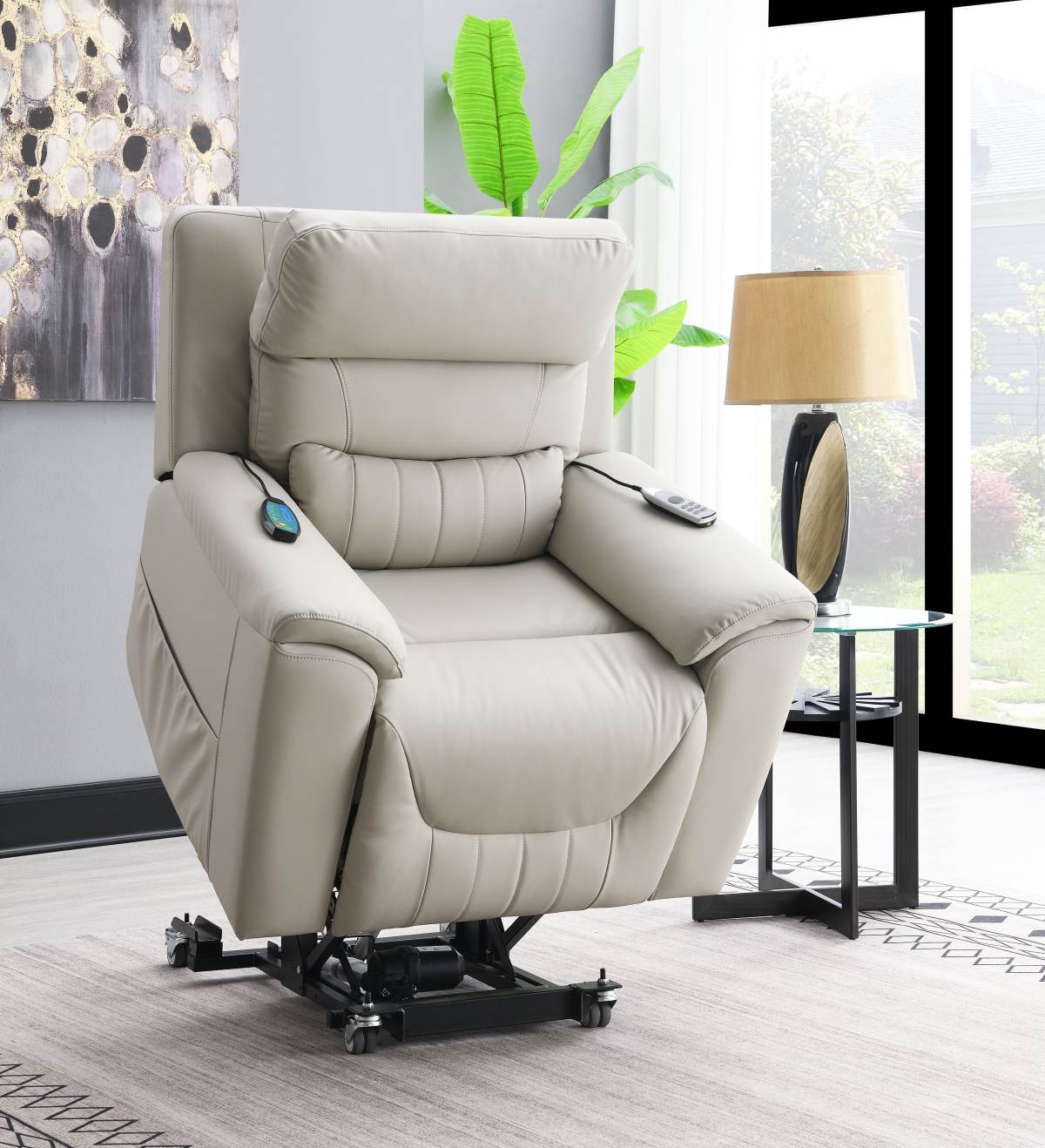 Marsha Light Gray Silicone Synthetic Leather Power Motion Recliner With Lift, Heating & Massage Chair