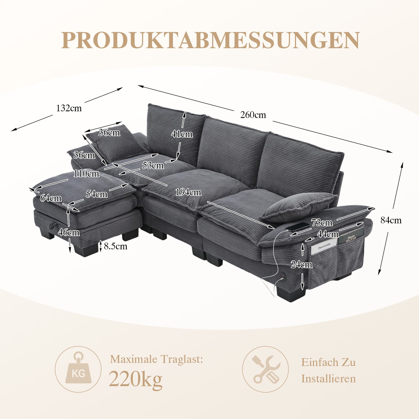 Modular 3-seater Corduroy Sofa  With 1 Stool Wide Seat, Ergonomic Design, High-density Foam Padding, USB-C Port And Side Pockets.Ideal For Living Room, Office Or Lounge.DarkGray