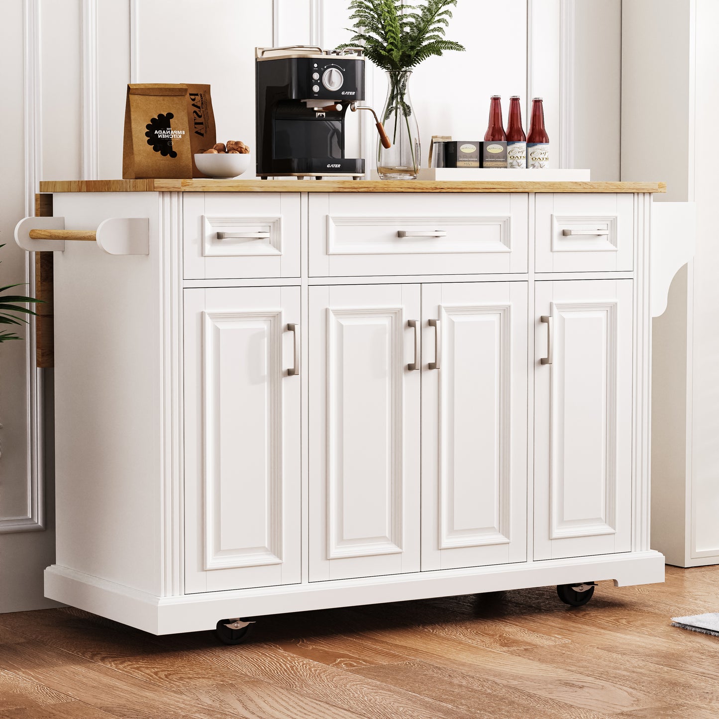 K&K 54inch Large Kitchen Island With Rubber Wood Drop Leaf, Embossed Texture Rolling Kitchen Cart On 4 Wheels With 4 Doors And 3 Drawers, Kitchen Island With Storage For Kitchen, Dining Room,White
