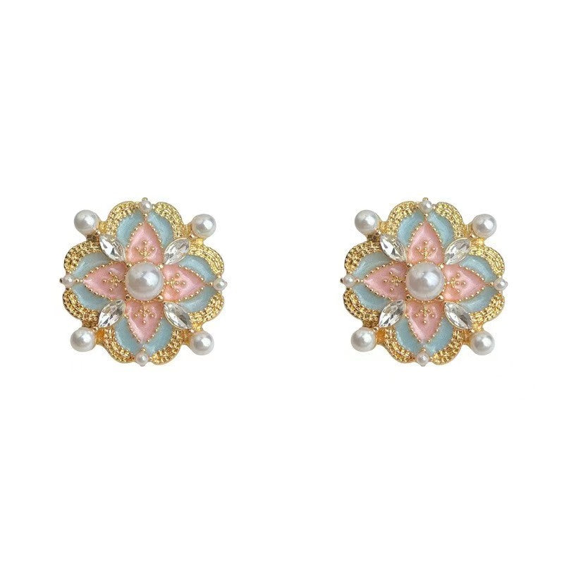 French Vintage Enamel Drip Flower Earrings - Premium Floral Stud Earrings, Elegant Retro Jewelry For Party Wear