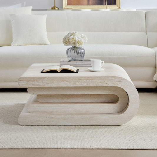 33.86 Inch Square Faux Travertine Pattern Coffee Table for Living Room,MDF Table,Modern Design Irregular Coffee Table with Layered Base for Office,Apartment,No need Assembly