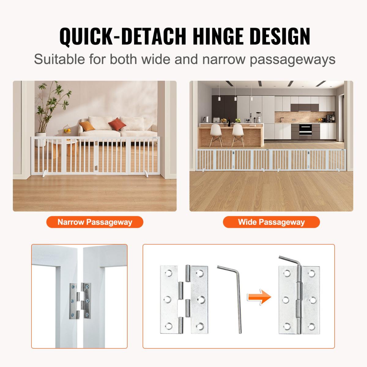 Free Standing Dog Gate, 24" H X 80.3" W Freestanding Pet Gate, 4 Panels Foldable Dog Gate For Wide And Narrow Passageways, Expandable Dog Barrier With Silent Foot Support For Indoor, White