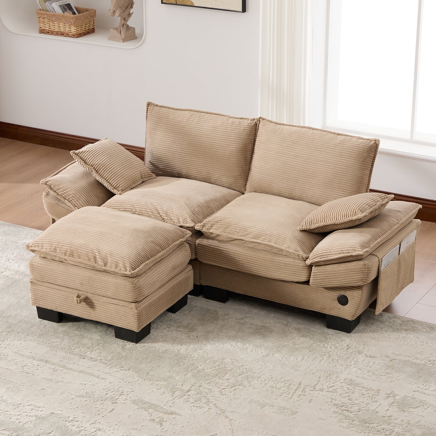 Modular 2-seater Corduroy Sofa  With Stool  Wide Seat, Ergonomic Design, High-density Foam Padding, USB-C Port And Side Pockets. Ideal For Living Room, Office Or Lounge.Khaki
