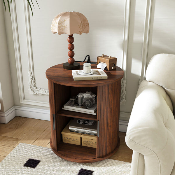 Set Of 2 Mid Century Modern Cylinder End Tables With Built-in Charging Station & Sliding Door, 2-Tier Storage Round Nightstands With USB Ports, Walnut Bedside Tables For Living Room, Bedroom, Entryway