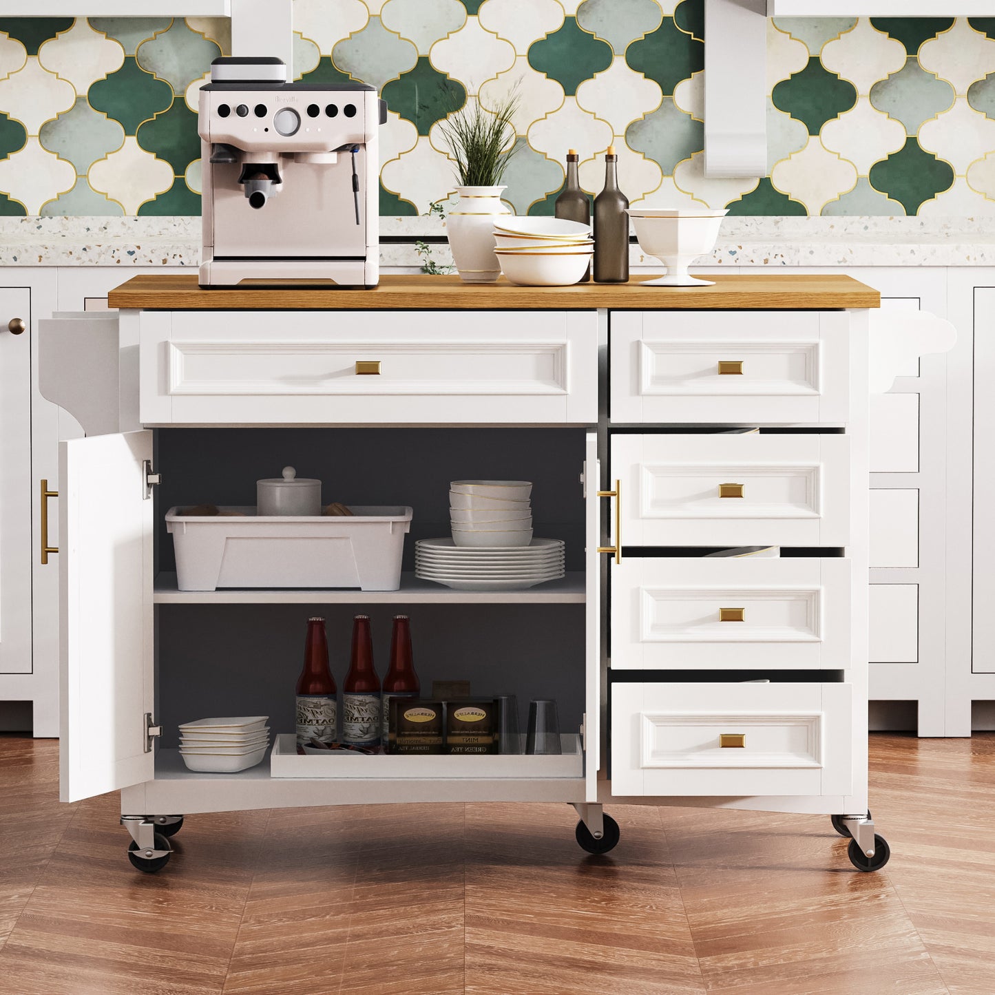 K&K 52   Kitchen Island With Drop Leaf, Embossed Texture Kitchen Island On Wheels With Spice Rack, Towel Rack, 2 Doors And 5 Drawers, Kitchen Storage Cart With Adjustable Shelf For Kitchen, White