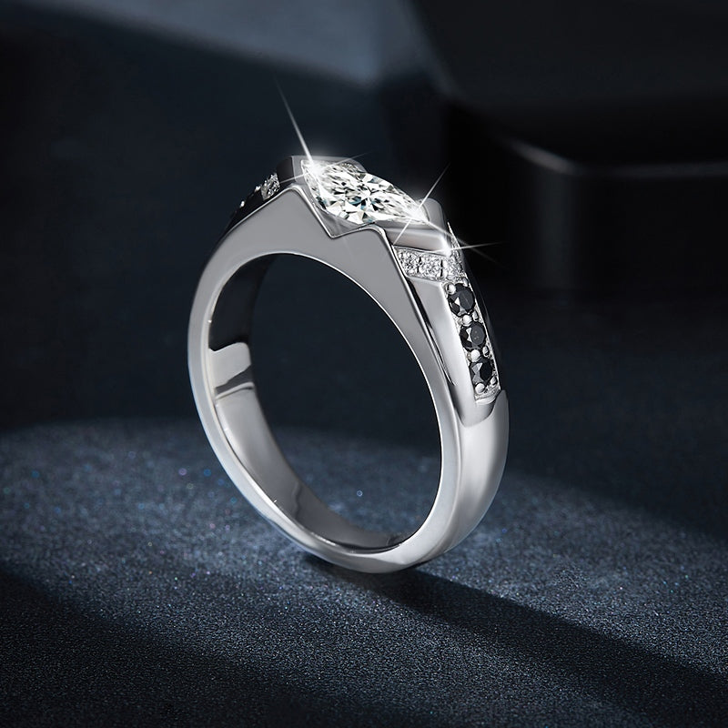 S925 Sterling Silver 1ct Marquise Moissanite Men's Ring, Geometric Silver With Black Accents, Platinum Plated, US Sizes 5-9, GRA Certificate Gift Box