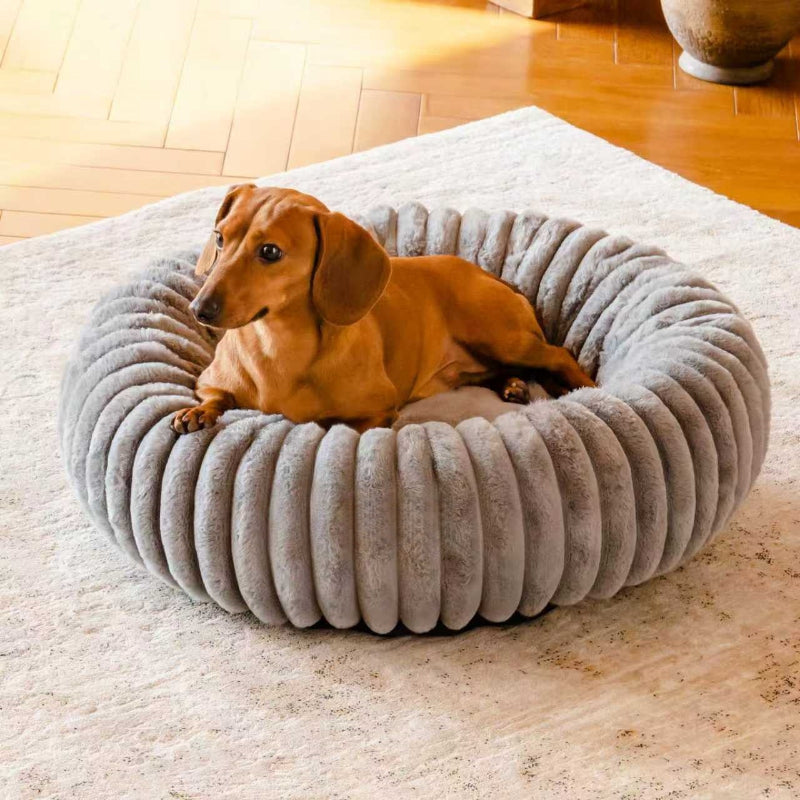 Pet Bed High-Grammage Vertical-Stripe Rabbit Fur Plush Mat Long-Haired Round Cat Winter Warm Dog House