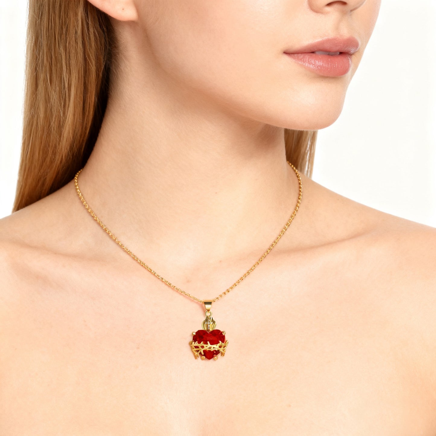 European And American Style Red Heart-Shaped Zircon Sacred Heart Cross Crown Pendant Necklace Copper Gold-Plated Fashion Clavicle Chain
