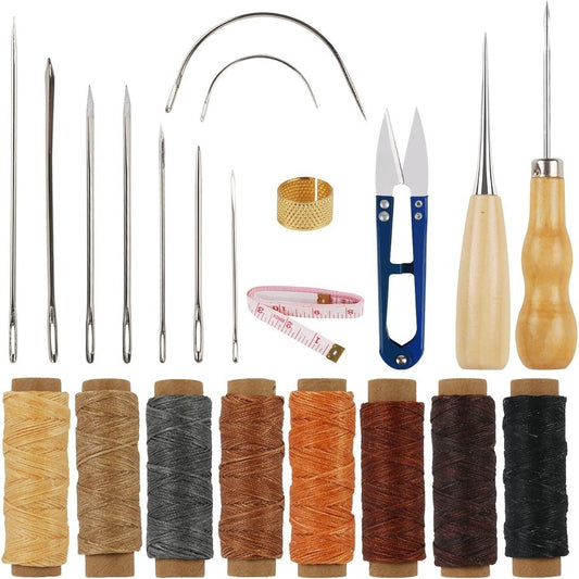 22-Piece Leather Sewing Kit For Leather Crafts; Includes A Leather Awl, Hand Leather Needles, 8 Rolls Of Leather Waxed Thread, And 9 Leather Needles—leather Crafts, DIY Sewing, And Hand Sewing