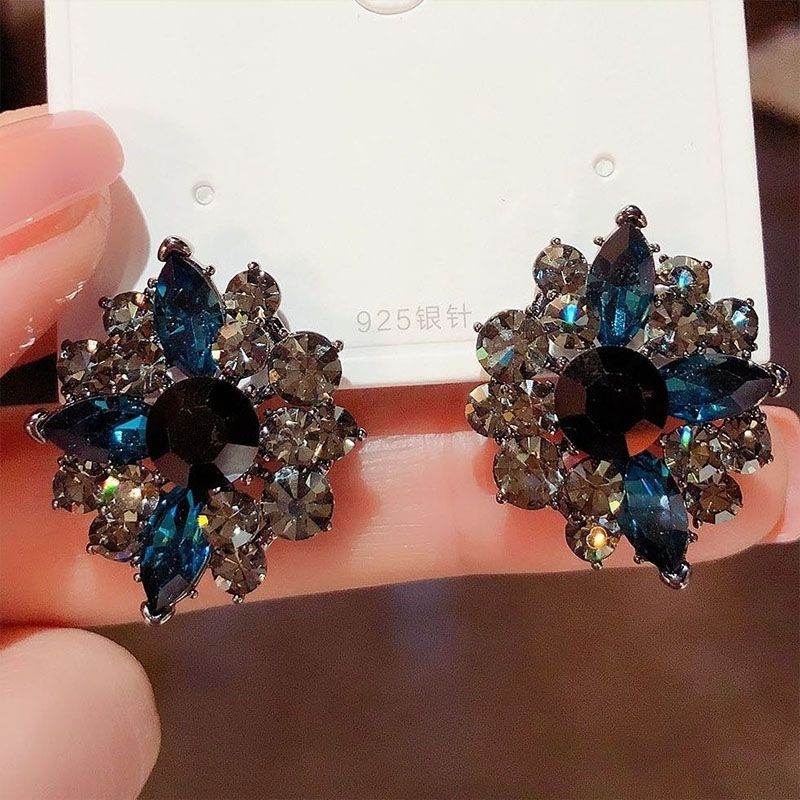 2026 New Retro High-End Grey Crystal & Blue Rhinestone Earrings, Trendy Korean Elegant Internet Celebrity Stud Ear Jewelry For Women