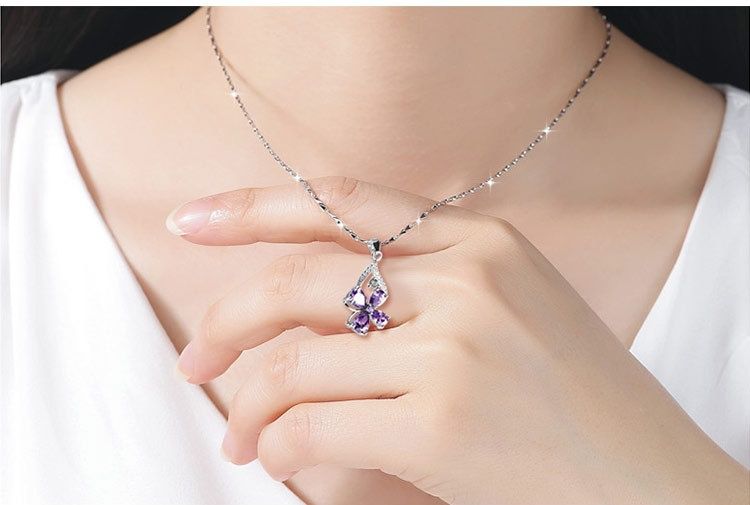 925 Sterling Silver Pendant Purple Diamond Butterfly Necklace Korean Style