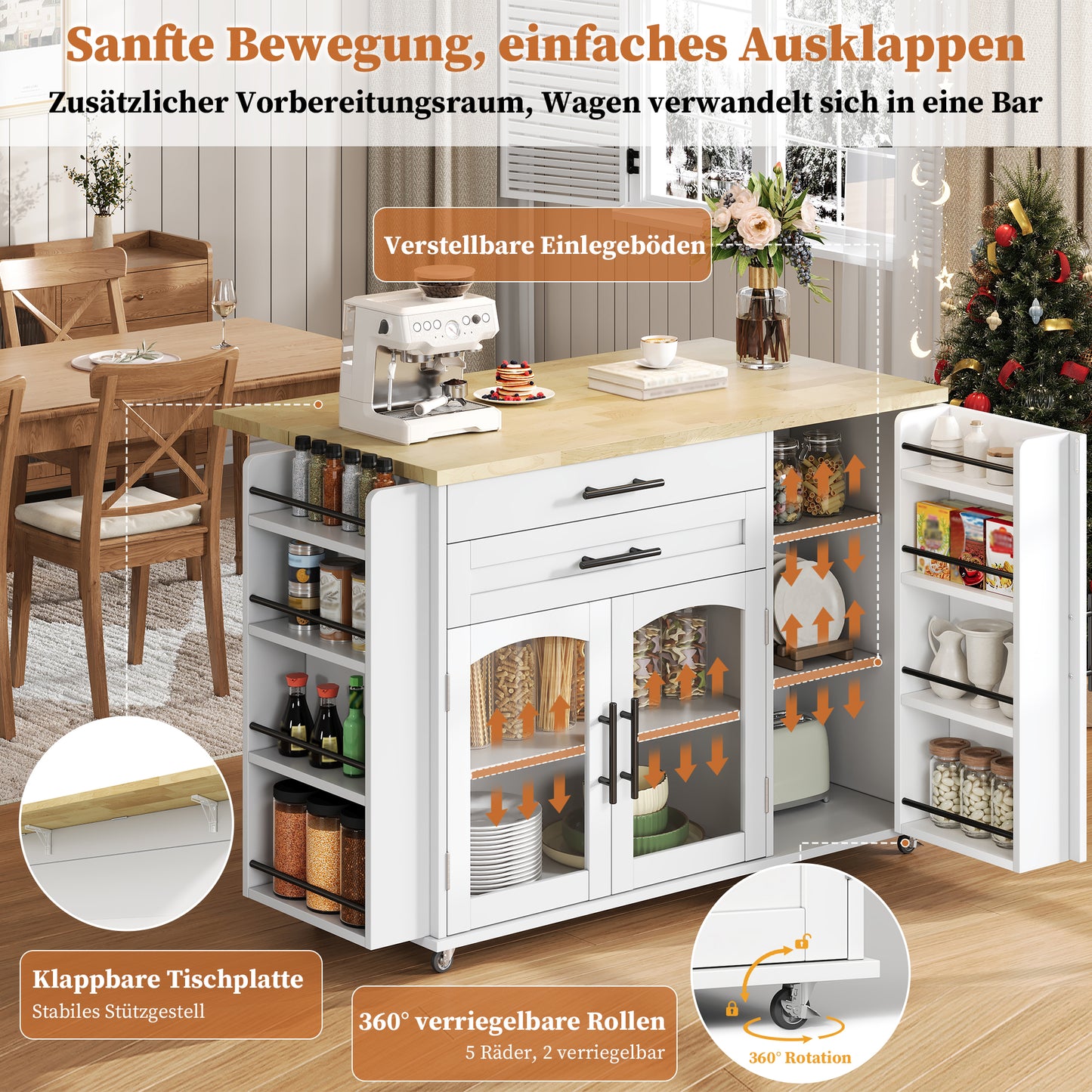 Mobile Kitchen Island With Folding Work Area, Kitchen Trolley, 5 Wheels, Multiple Storage Solutions, Spice Rack, Cutlery Drawer, 120 X 45 X 90 Cm