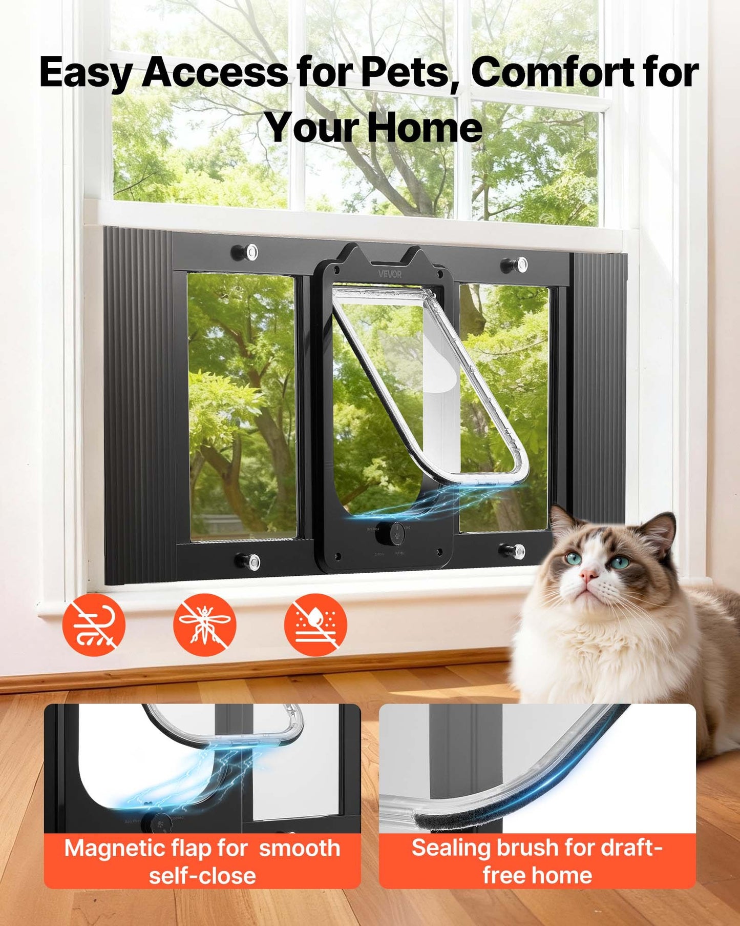 Cat Door For Window, Adjustable To Fit Window Width 31"-36", 4 Secure Lock Modes, Aluminum Frame And High-Transparency Glass, Magnetic Closure, Weatherproof Quick-Fit Pet Door For Cats, Black