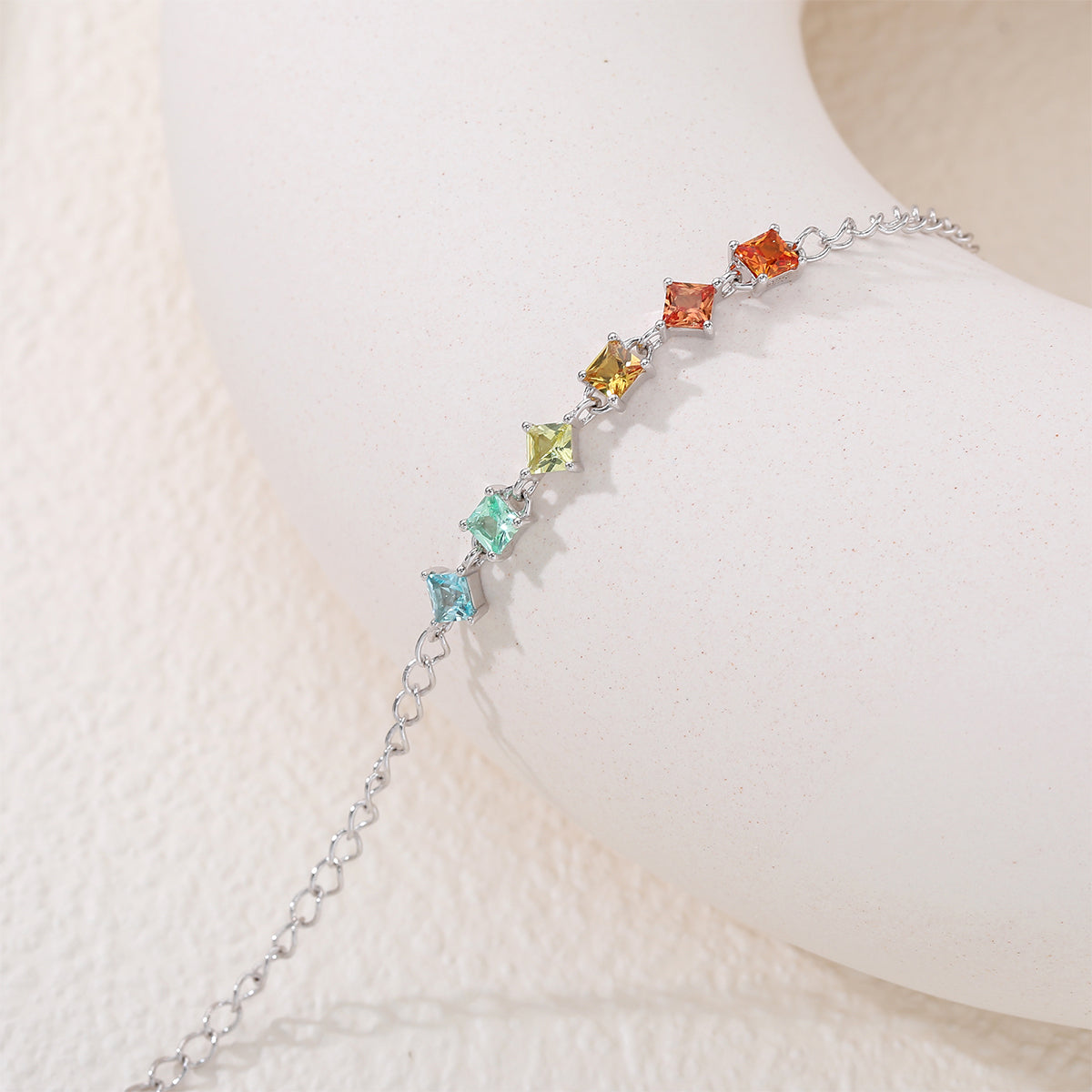 S925 Sterling Silver Rainbow Lab-Grown Gemstone Bracelet 16cm Square Cut Platinum Plated Gift Box