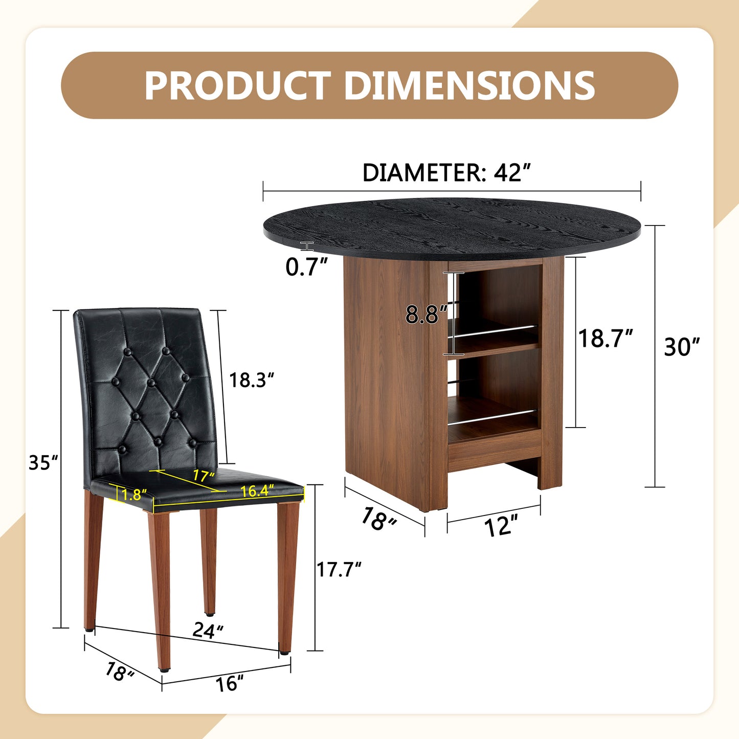 Table And Chair Set. 42 Inch Round MDF Black Dining Table With Double-layer Storage Shelves. Paired With 6 Black PU Chairs With Decorative Buckle Design On The Backrest.For Dining Room,Kitchen,etc.