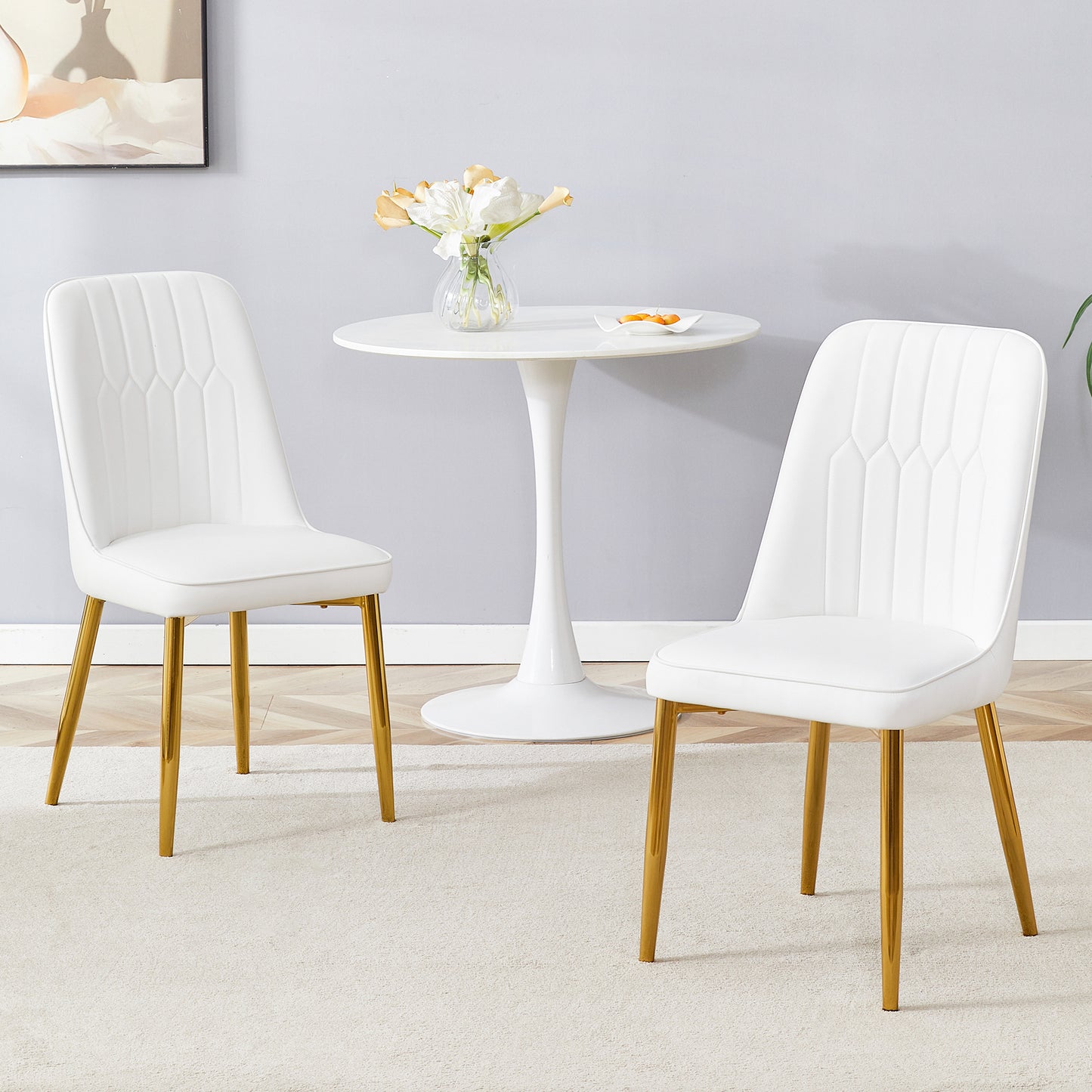 Two White Faux Leather Dining Chairs Modern And Minimalist Design, Equipped With Widened Seat, Backrest And Non-slip Metal Feet, Suitable For Dining Room And Kitchen.